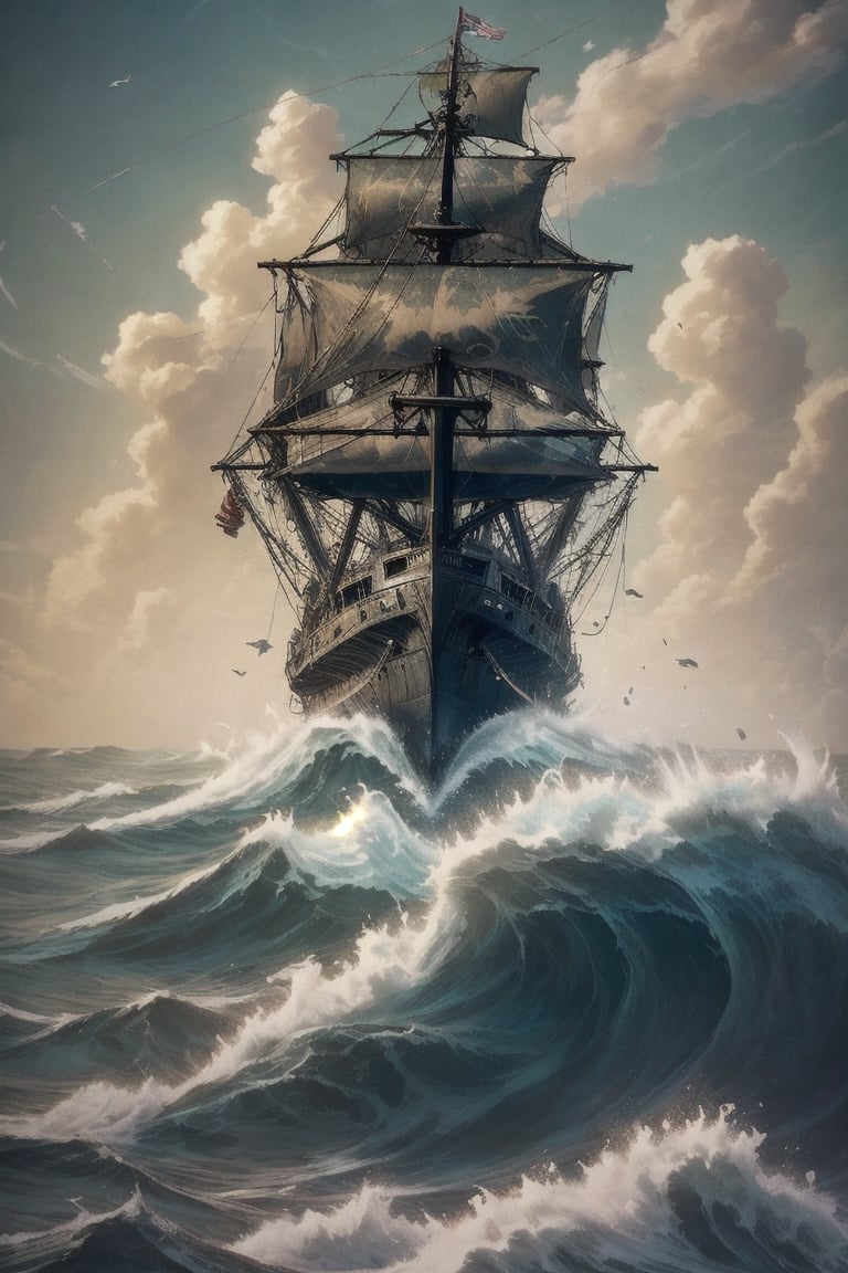 generate a hyper realistic photo of a girl,  sea pirate, on old rusted ship, in mid of the ocean, large waves, high tides, sea monsters, Uhd, photography, masterpiece, highly detailed