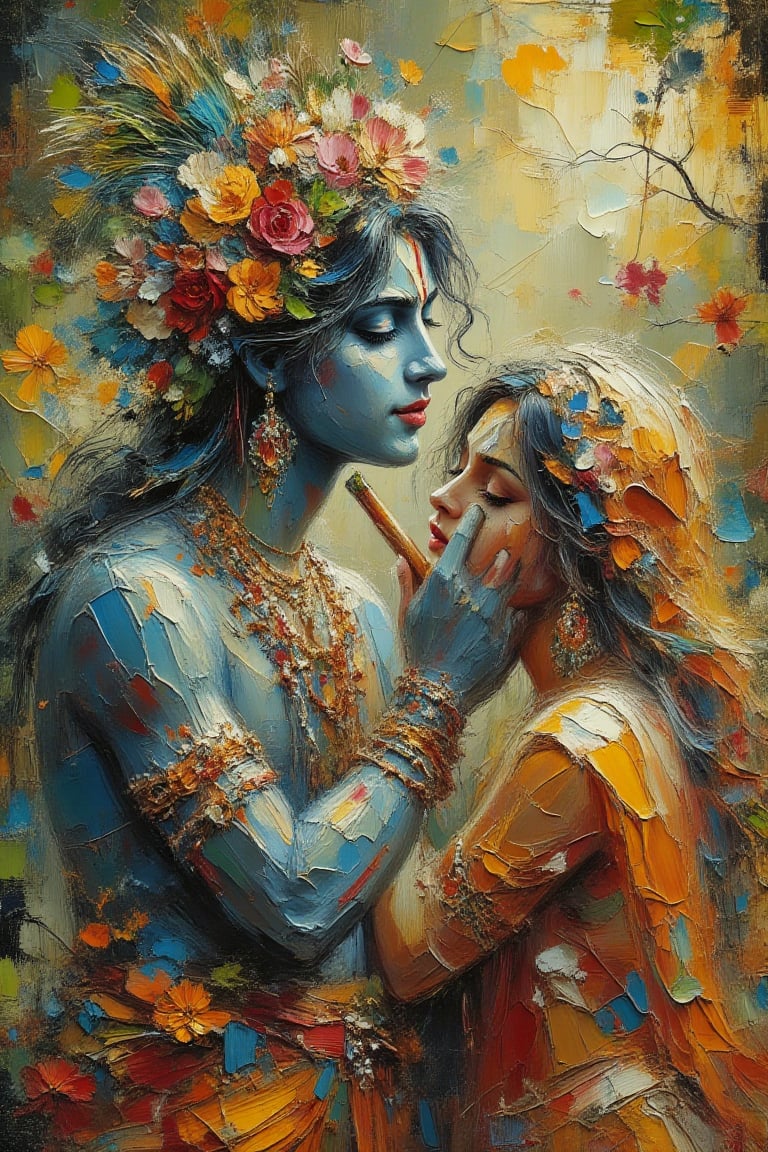 Prompt: "Lord Krishna and Radha in an enchanting forest,  depicted in a vibrant and artistic style. Krishna,  with blue sk...