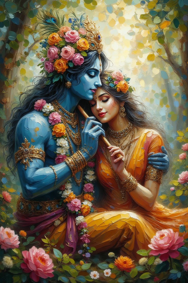 Prompt: "Lord Krishna and Radha in an enchanting forest,  depicted in a vibrant and artistic style. Krishna,  with blue sk...