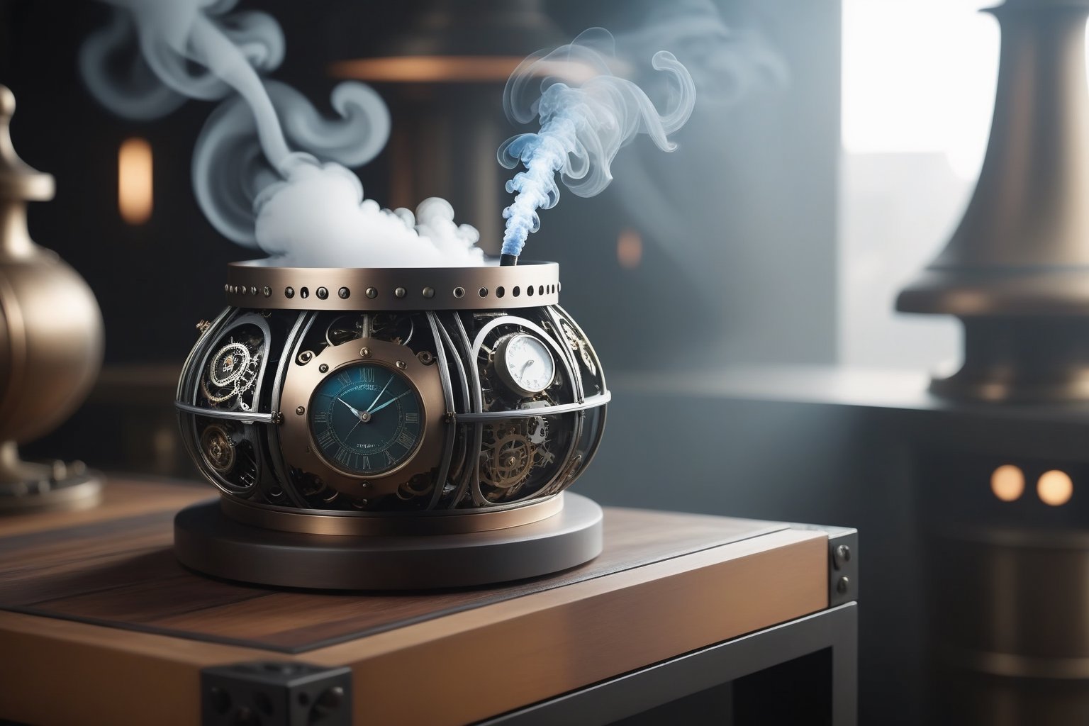 Create an image reminiscent of the captivating style,  merging steampunk aesthetics with surreal elements. The handcrafted...