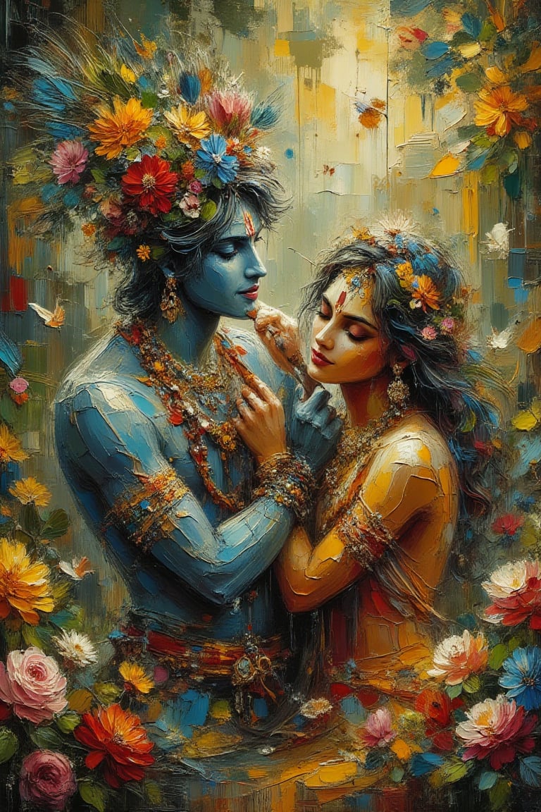 Prompt: "Lord Krishna and Radha in an enchanting forest,  depicted in a vibrant and artistic style. Krishna,  with blue sk...