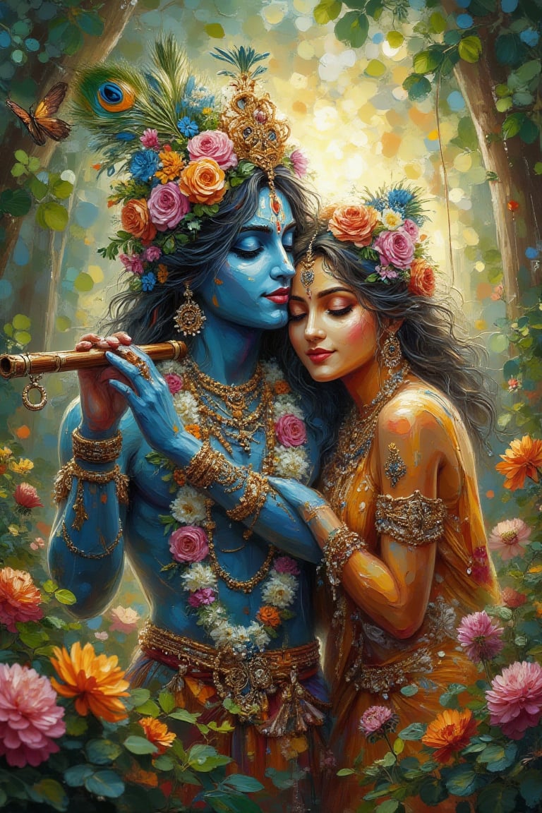Prompt: "Lord Krishna and Radha in an enchanting forest,  depicted in a vibrant and artistic style. Krishna,  with blue sk...