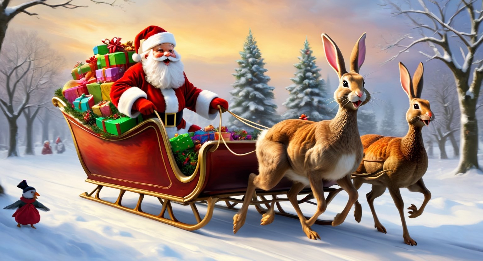 masterpiece, best quality, Easter bunny dressed with clothes and hat of Santa Claus, on a sleigh full of gifts, sleigh is being pulled by thanksgiving turkeys ,Digital painting 