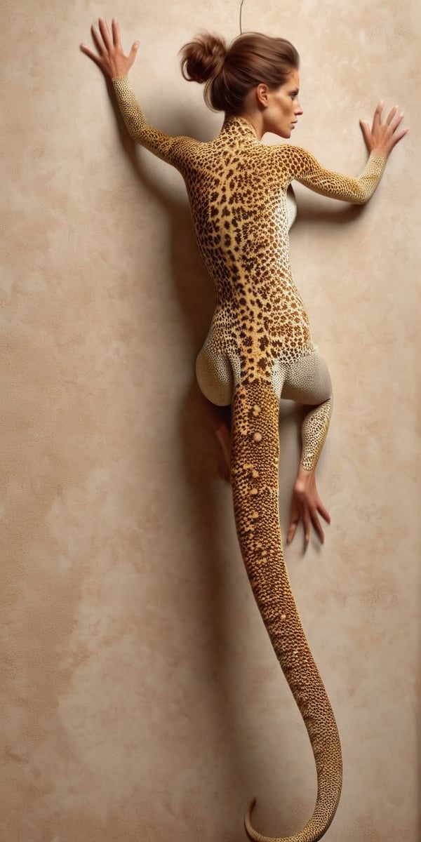 A gecko woman climbing a wall, beige skin, brown hair, seen from behind, full body, photorealistic