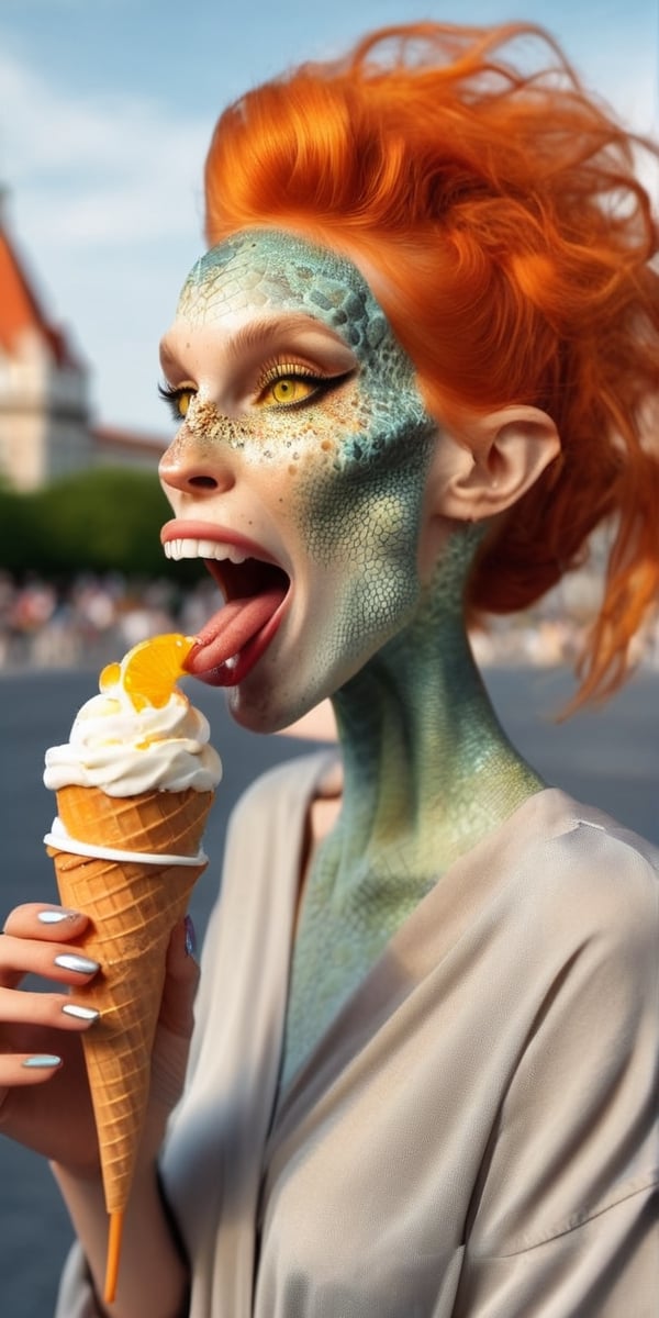 A beautiful lizard woman licking ice cream, she has a long tongue, 30cm of tongue, orange hair, happy face,photorealistic, city in the background 