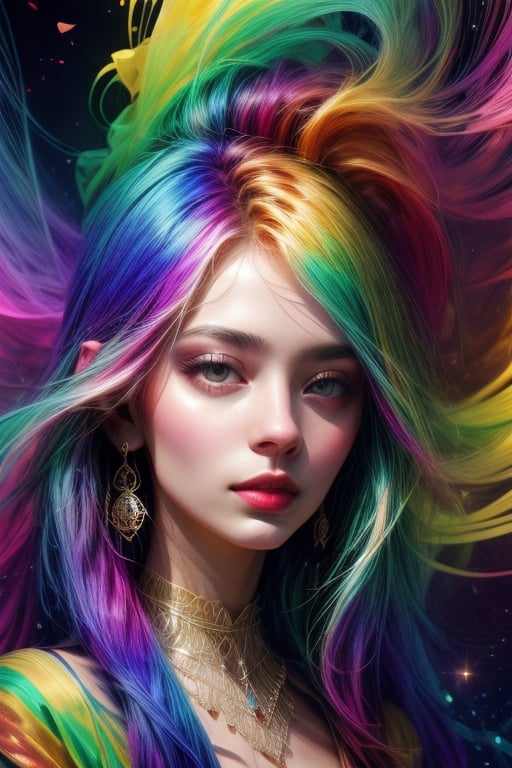 a painting of a woman with long hair and colorful hair,  beautiful digital illustration,  stunning digital illustration by...