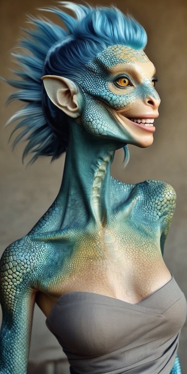 A beautiful Iguana woman sun bathing, metallic blue hair, happy face, iguana fins on the back, photorealistic