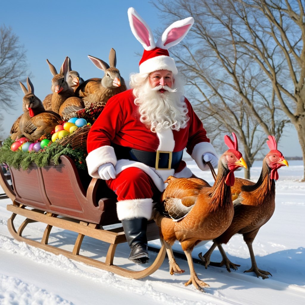 masterpiece,  best quality,  Easter bunny dressed as Santa Claus on a sleigh pulled by turkeys by Clebexxperience  on Tens...