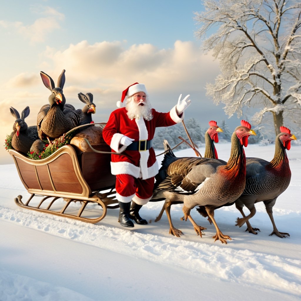 masterpiece,  best quality,  Easter bunny dressed as Santa Claus on a sleigh being pulled by four turkeys by Clebexxperien...