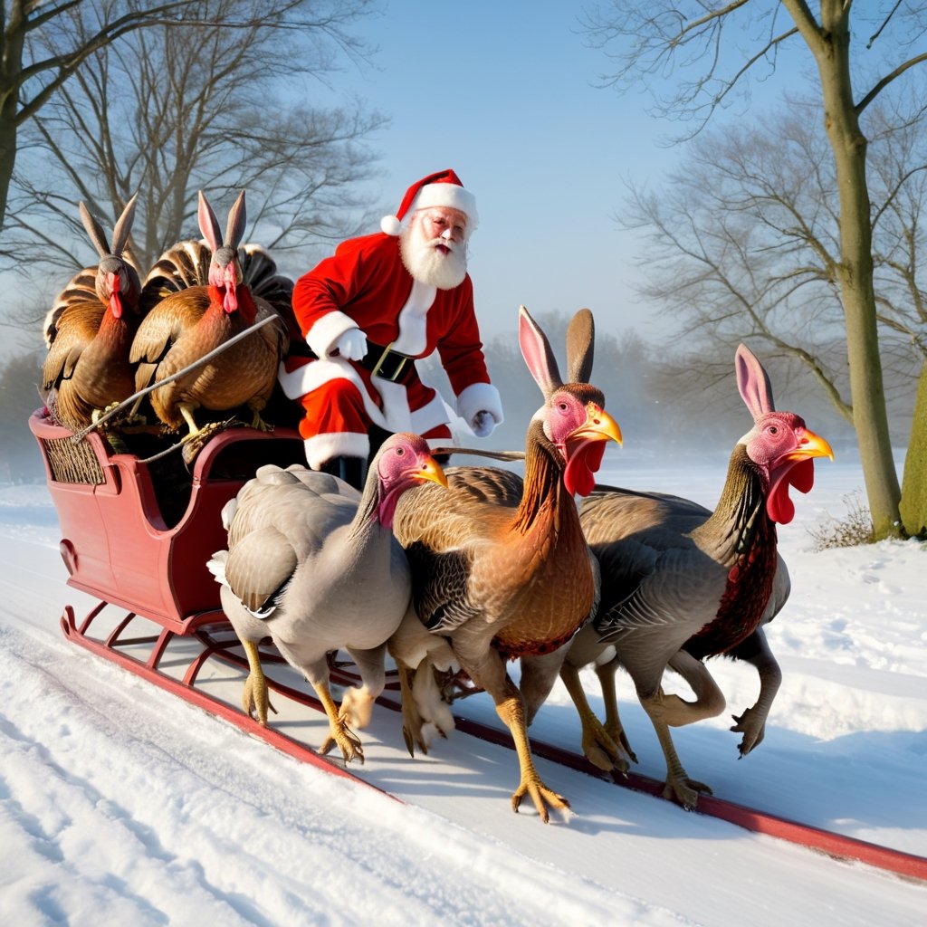 masterpiece,  best quality,  Easter bunny dressed as Santa Claus on a sleigh being pulled by four turkeys by Clebexxperien...