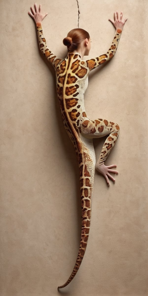 A beautiful gecko woman climbing a wall, beige skin, brown hair, seen from behind, photorealistic