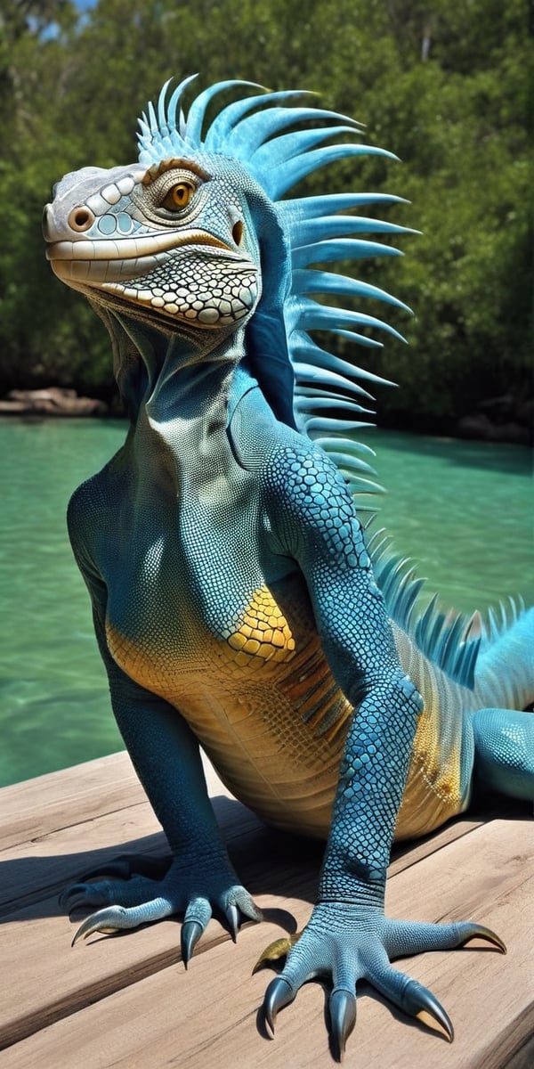 A beautiful Iguana woman sun bathing, metallic blue hair, happy face, iguana fins on the back, photorealistic