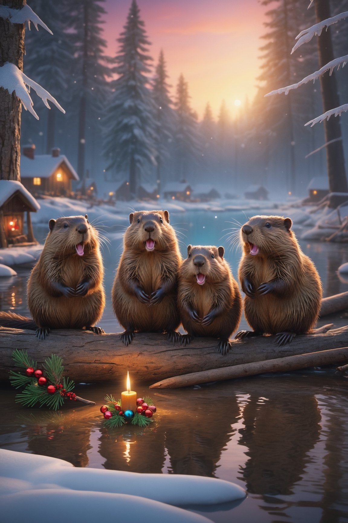 (masterpiece)), (best quality), (cinematic), (cinematic, colorful), (extremely detailed), a family of beavers in a beaver den celebrating christmas