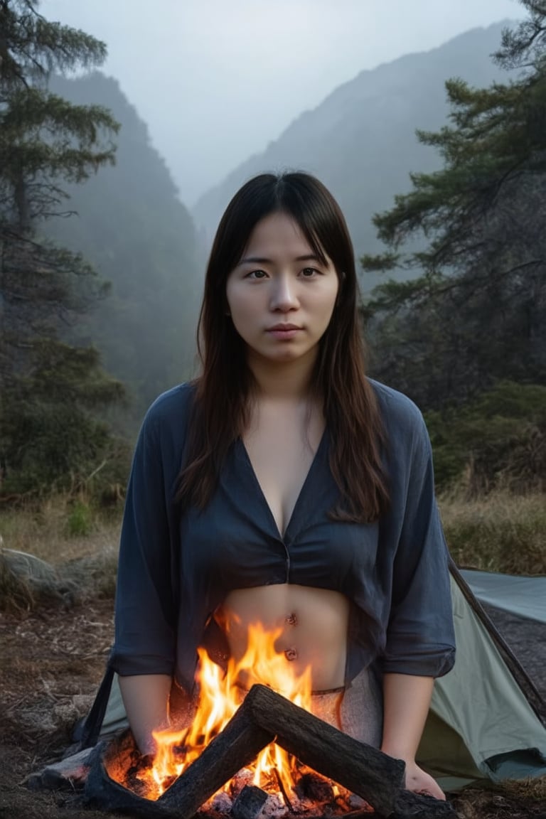 A young Japanese woman is camping in a deep mountain forest with thick fog,campfire,masterpiece,best quality,ultra detailed face,ultra detailed,4k,((blue eyes,blueeyes,blue_eyes)),skinny,(wide shot),ghost_girl,ghost,night,spooky,midnight,cleavage,dirty shirts,(boobs),tent,campfire