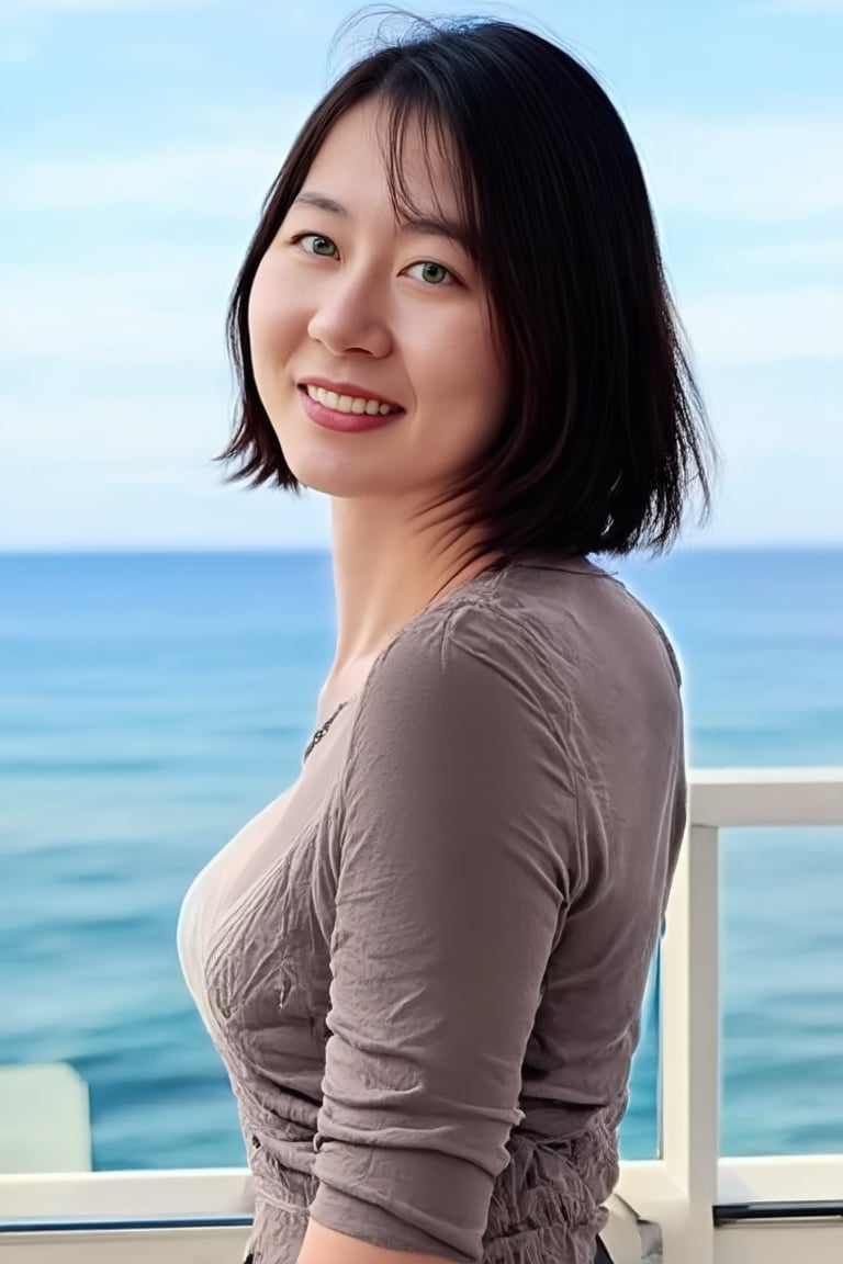 A coquettish young Japanese woman is looking out of the room window of a high-end five-star hotel at the blue Mediterranean Sea outside the hotel.This woman's blue-green pupils are shining,poakl girl,full body,looking at viewer,bob cut,masterpiece,best quality,ultra detailed face,(wearing crop top),detailed eyes,ultra detailed,(green_eyes,greeneyes),(crop_top),(smile),green pupils,(medium shot)