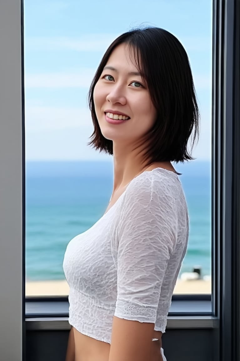 A coquettish young Japanese woman is looking out of the room window of a high-end five-star hotel at the blue Mediterranean Sea outside the hotel.This woman's blue-green pupils are shining,poakl girl,full body,looking at viewer,bob cut,masterpiece,best quality,ultra detailed face,(wearing crop top),detailed eyes,ultra detailed,(green_eyes,greeneyes),(crop_top),(smile),green pupils,(medium shot)