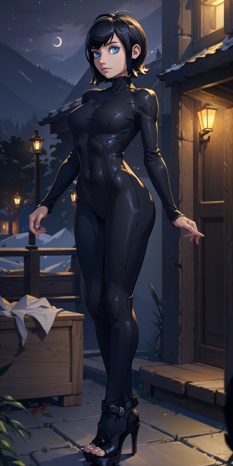 masterpiece, best quality, absurdres, perfect anatomy, 1girl, solo, outdoors, night, midnight, full_body, feet, standing_up, facing_viewer, looking_at_viewer, slim_body, large_bresast, mavis dracula, short hair, black hair, blue eyes, heels, bodysuit