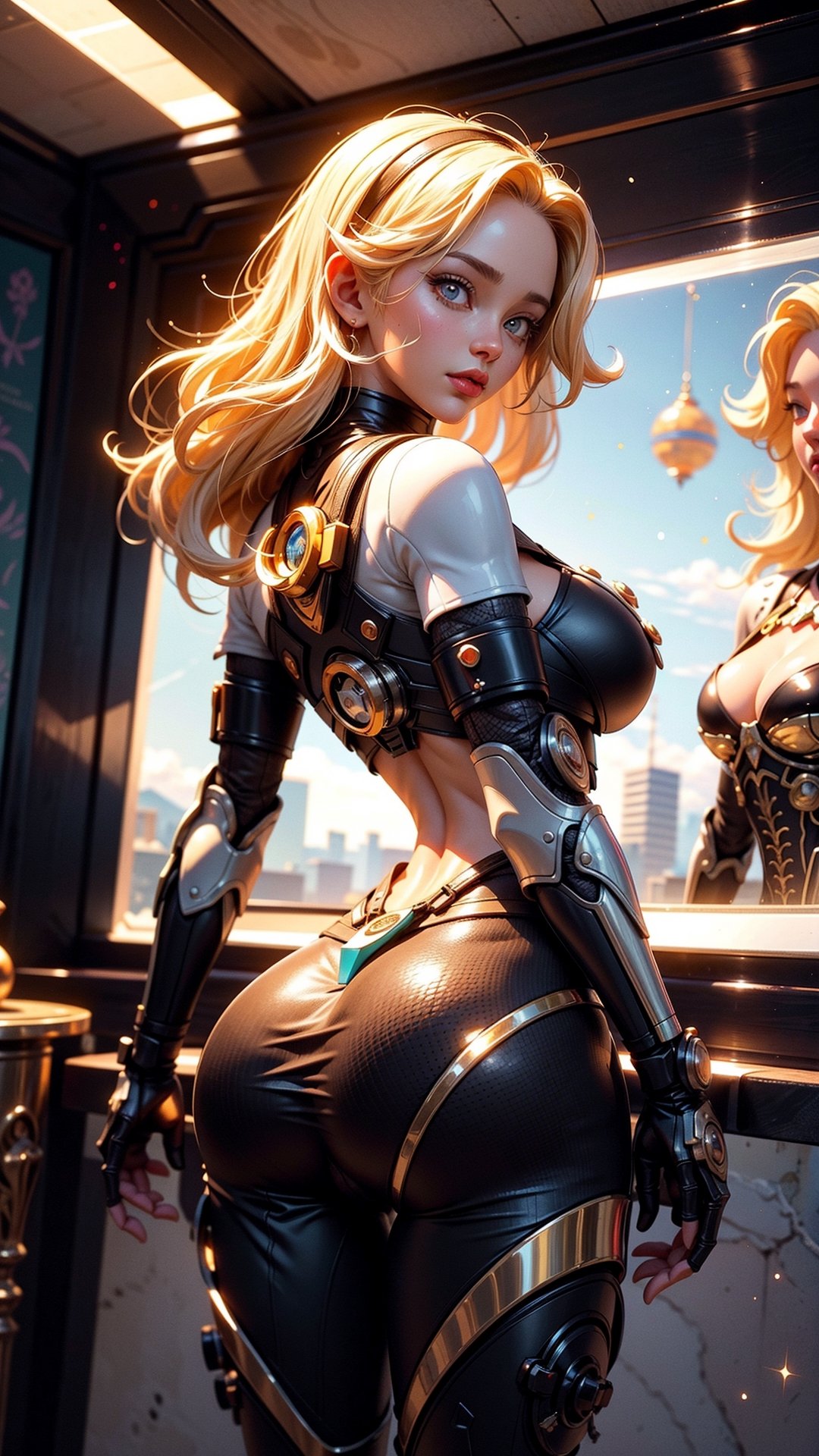 portrait of the most beautiful woman in the galaxy,cyborg woman,gorgeous flowing blonde hair,reflective metal robotic limbs and joints,perfect female body,slim waist,hourglass figure,muscular,outer space,horizon,zero dawn,machine,intricate,elegant,highly detailed,ray tracing,digital painting,artstation,concept art,smooth,sharp focus,illustration,art by artgerm and greg rutkowski and alphonse mucha,8 k Warp,Warpgate,so sexy it hurts,digitally painted by Tim Doyle,Kilian Eng and Thomas Kinkade,centered,circle,luminous,glitter,chromatic,princess peach ,fishnets ,mini skirt ,Big ass