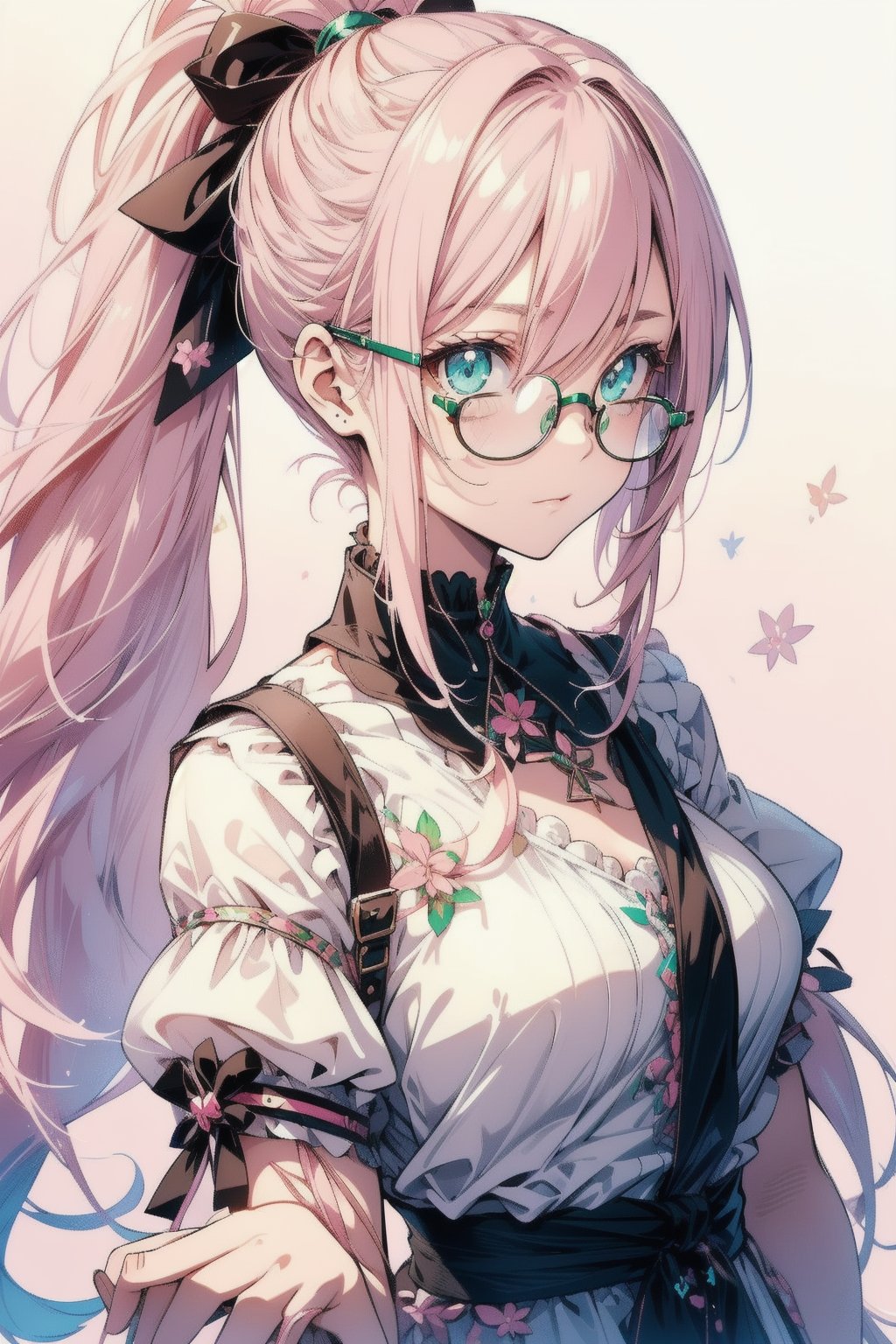 A girl with scattered hair under a half-tied ponytail, brown and pink dyed hair color, poor breasts, shy appearance with round glasses in both hands, green and pink gradient eyes, high picture quality, high details, depicting details, wearing tight sleeves, showing shoulders