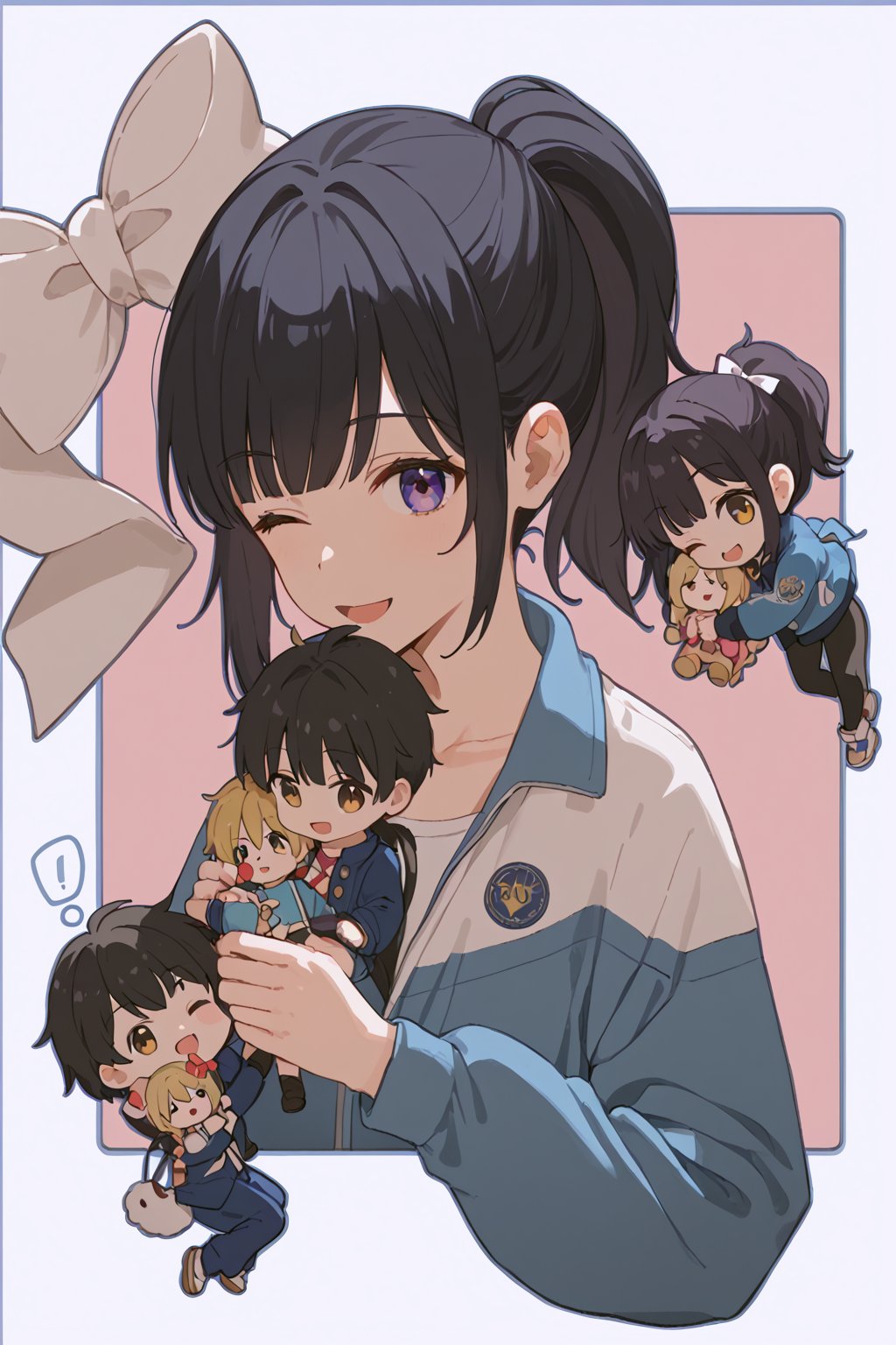 1girl, looking at viewer, smile, short hair, open mouth, bangs, black hair, long sleeves, 1boy, bow, holding, jacket, ponytail, one eye closed, chibi, stuffed toy, blue jacket, character doll,Top light atmosphere, light and shadow details, sense of atmosphere