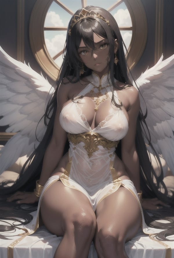 Beautiful Latin Afro Gril (masterpiece, highres quality:1.4), (sexy dark-skinned angel:1.5), large Angel wings on her back,  highly detailed, beautiful hips, wet, moist white see_through, sheer short gown trimmed in gold thin lace, beautiful large_breasts, beautiful lips, beautiful tiara on head,, very hard nipples, gown open, beautiful eyes, beautiful cleavage, perfect lighting, perfect skin, 
 around breasts, very long black hair,  dark shiny_skin, open cleavage shirt, long hair, detailed_cloudy background, very detailed,  full_body leaning on a detailed throne of clouds, beautiful bright sunlight, 