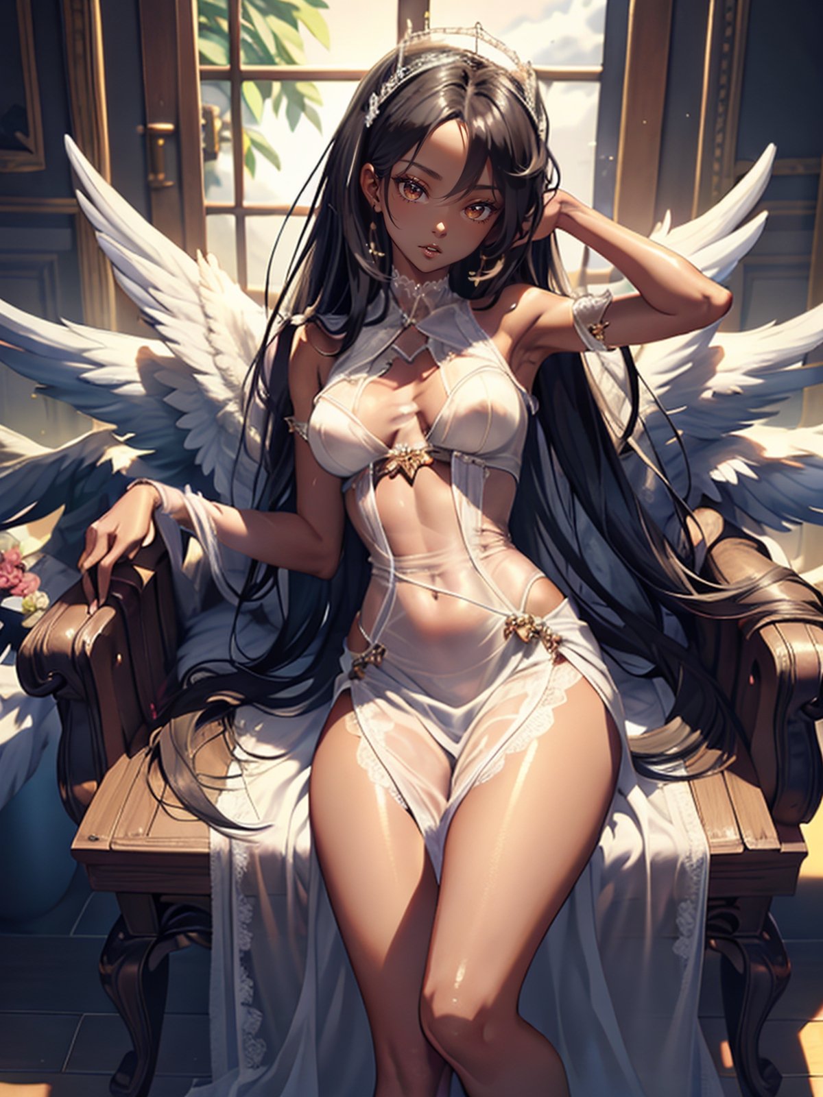 Beautiful Latin Afro Gril (masterpiece, highres quality:1.4), (sexy dark-skinned angel:1.5), large Angel wings on her back,  highly detailed, beautiful hips, wet, moist white see_through, sheer short gown trimmed in gold thin lace, beautiful large_breasts, beautiful lips, beautiful tiara on head,, very hard nipples, gown open, beautiful eyes, beautiful cleavage, perfect lighting, perfect skin, 
 around breasts, very long black hair,  dark shiny_skin, open cleavage shirt, long hair, detailed_cloudy background, very detailed,  full_body leaning on a detailed throne of clouds, beautiful bright sunlight, ,Korean