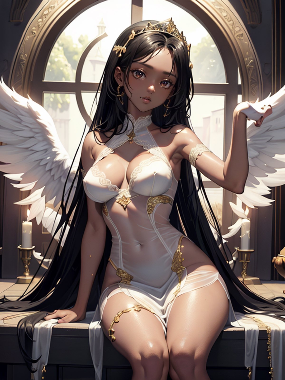 Beautiful Latin Afro Gril (masterpiece, highres quality:1.4), (sexy dark-skinned angel:1.5), large Angel wings on her back,  highly detailed, beautiful hips, wet, moist white see_through, sheer short gown trimmed in gold thin lace, beautiful large_breasts, beautiful lips, beautiful tiara on head,, very hard nipples, gown open, beautiful eyes, beautiful cleavage, perfect lighting, perfect skin, 
 around breasts, very long black hair,  dark shiny_skin, open cleavage shirt, long hair, detailed_cloudy background, very detailed,  full_body leaning on a detailed throne of clouds, beautiful bright sunlight, ,Korean,FFIXBG