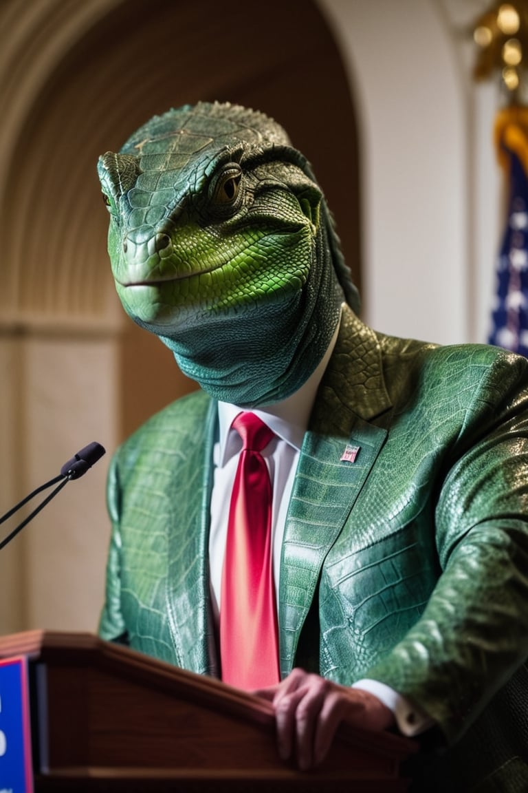 donald trump with green reptile skin standing at a podium, shallow depth of field, cinematic