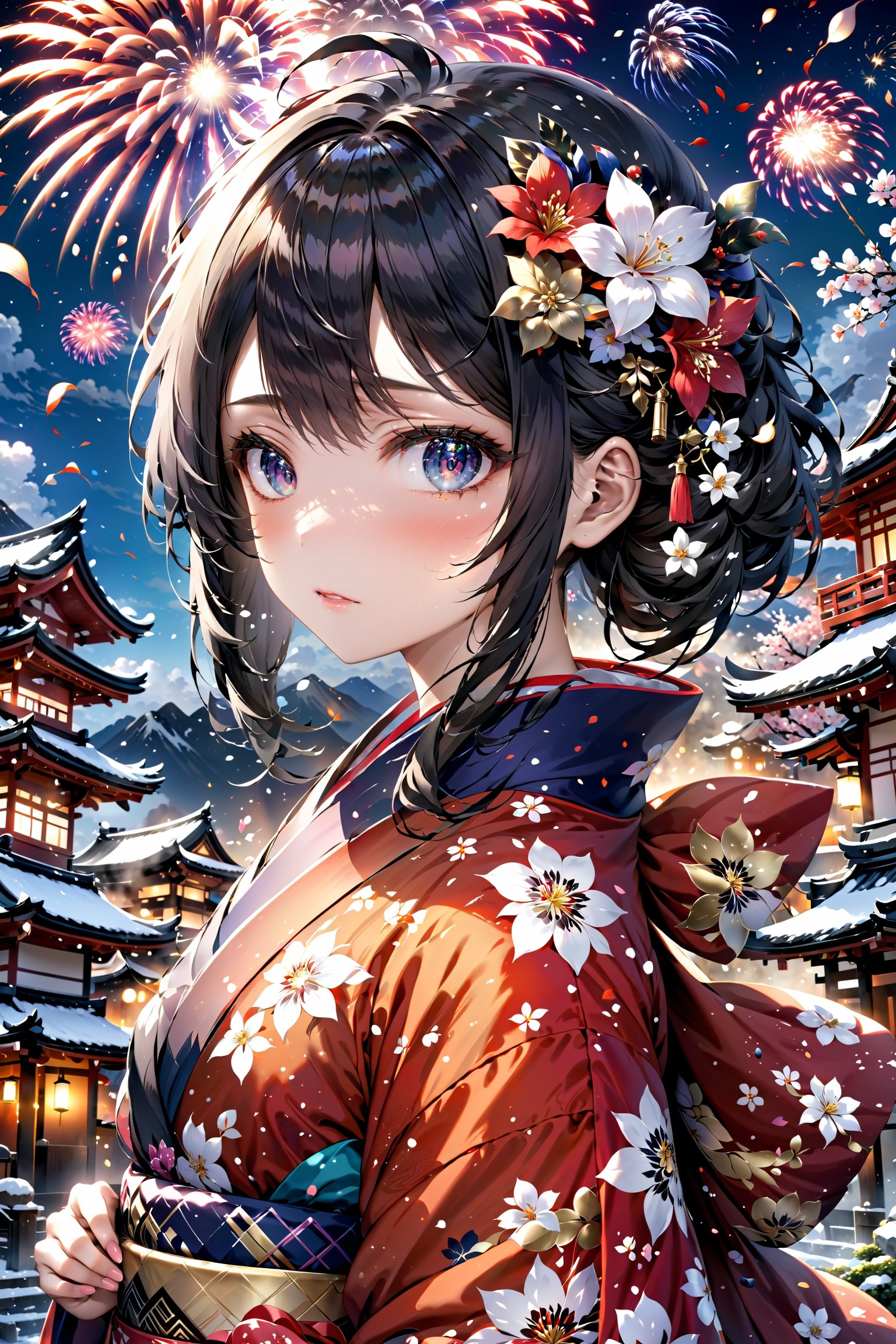 Anime ,hentai,(beautiful detailed face, beautiful detailed eyes),(((best quality,masterpiece))),(a beautiful girl,(flower pattern) kimono),(anime style),(Snow cover,night_sky ,fireworks,Matsuri, nature view),more detail XL,EpicSky,cloud,