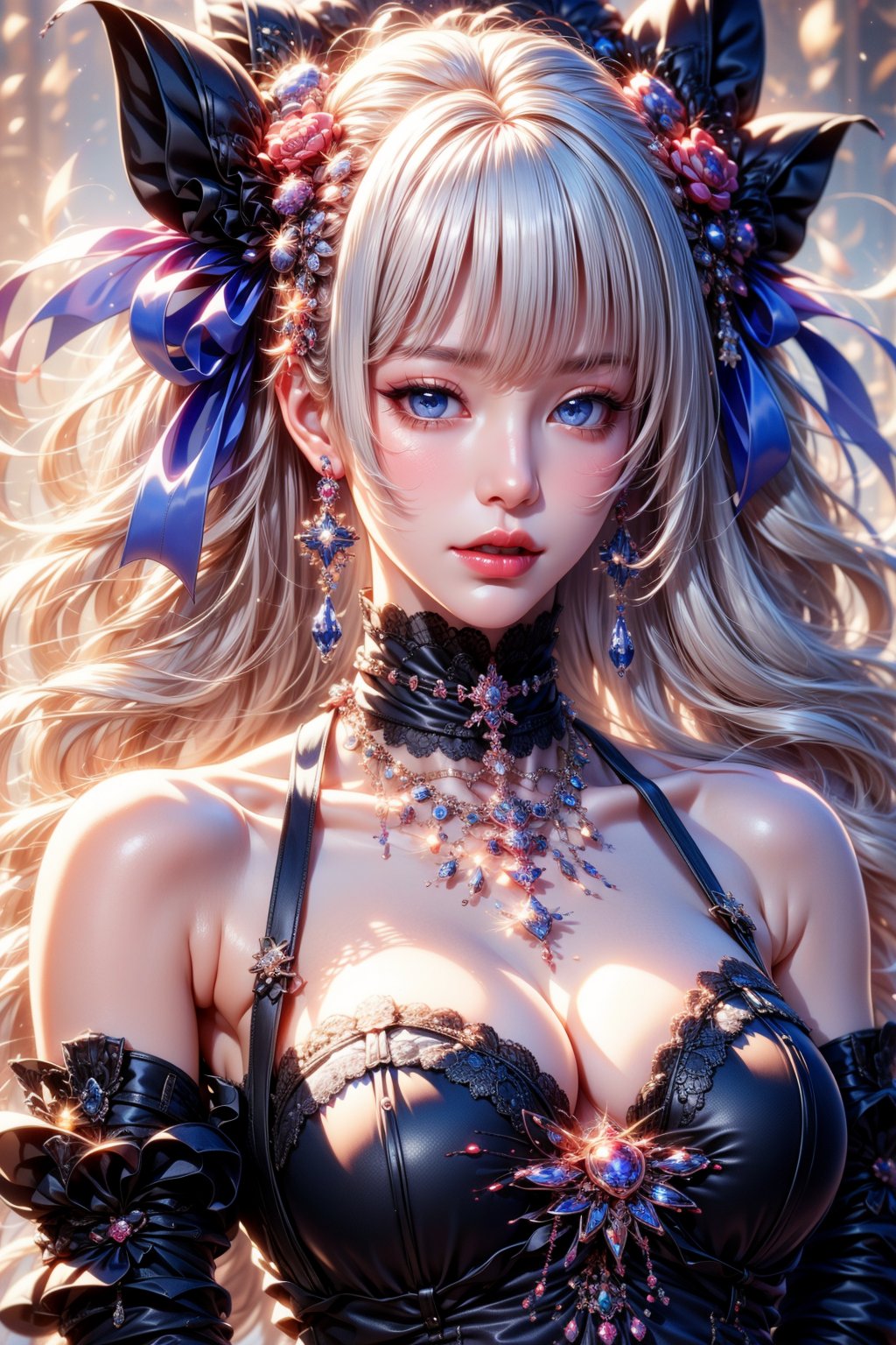 8k, masterpiece, ultra-realistic, best quality, high resolution, high definition, 1 girl, solo, long hair, looking at viewer, blush, bangs, blue eyes, dress, bow, ribbon, jewelry, closed mouth, hair ribbon, upper body, white hair, hair bow, earrings, frills, black dress, parted bangs, eyelashes, blue bow, blue ribbon, pale skin, red lips