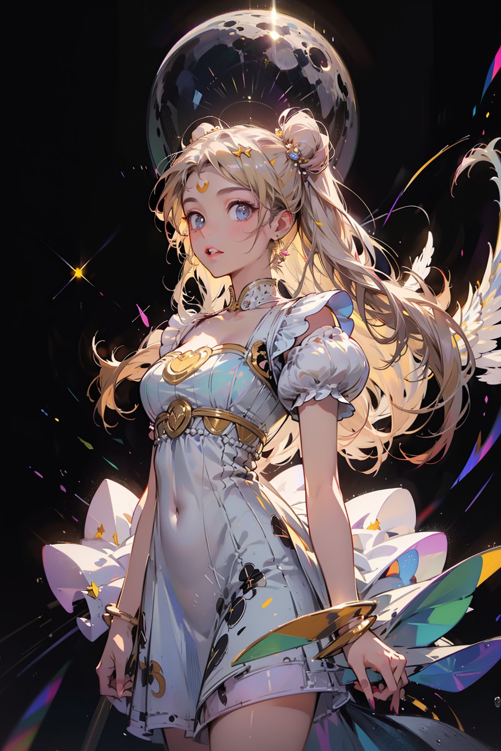 absurdres, (best quality), (masterpiece),(ultra-detailed:1.2),(photorealistic:1.1),ultra high res, wings, silhouette ,kaleidoscope,polka dot,Stained glass,(wind:1.2) ,moon, holographic, palace,hologram, princessserenity, blonde hair, hair ornament, forehead mark, earrings, white dress, white hair, long hair, glowingdust, face