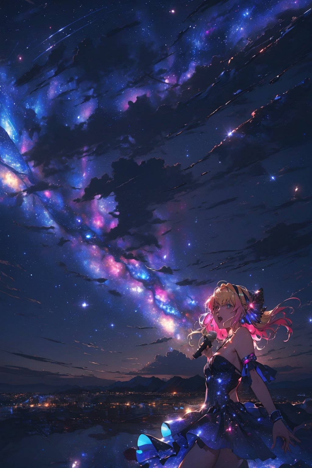 absurdres, (best quality), (masterpiece),(ultra-detailed:1.2), photorealistic, ultra high res, cowboy shot, 1girl, singing, Galaxy Diva, solo, microphone, dress, space, sherly nome, multicolored hair, gradient hair, blonde hair, pink hair, long hair, neon, starry_sky, Milky Way