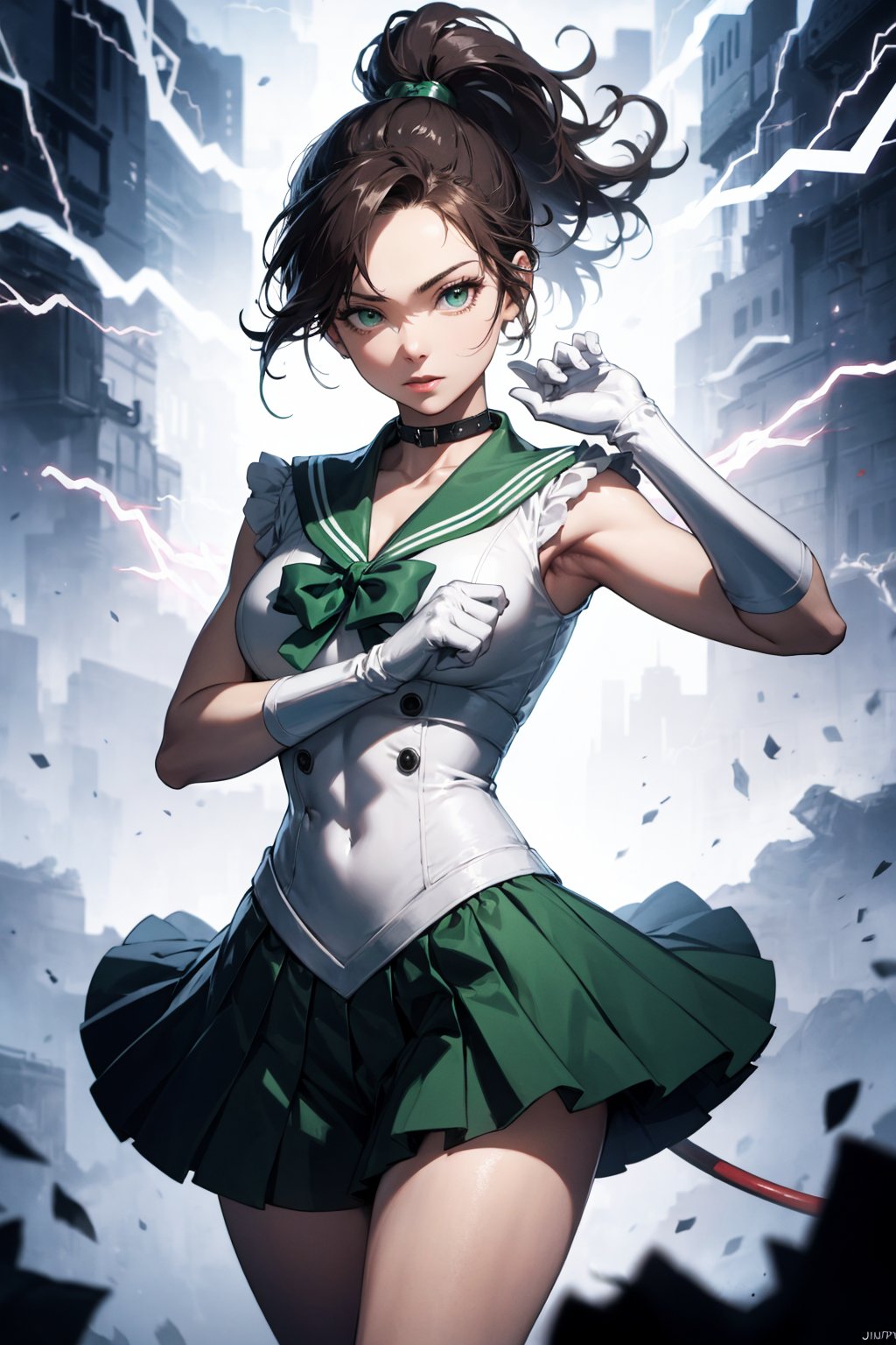 absurdres, (best quality), (masterpiece),(ultra-detailed:1.2),(photorealistic:1.1),ultra high res, 1girl,standing,fighting stance, smjupiter, smjupiteroutfit,sailor senshi uniform, green sailor collar, green skirt,ponytail,brown hair, white gloves, thunder, thunder hoop,(electrified:1.3),swirling ,jagged glowing,Glittering, thunder effect (electricity:1.3) , abstract background