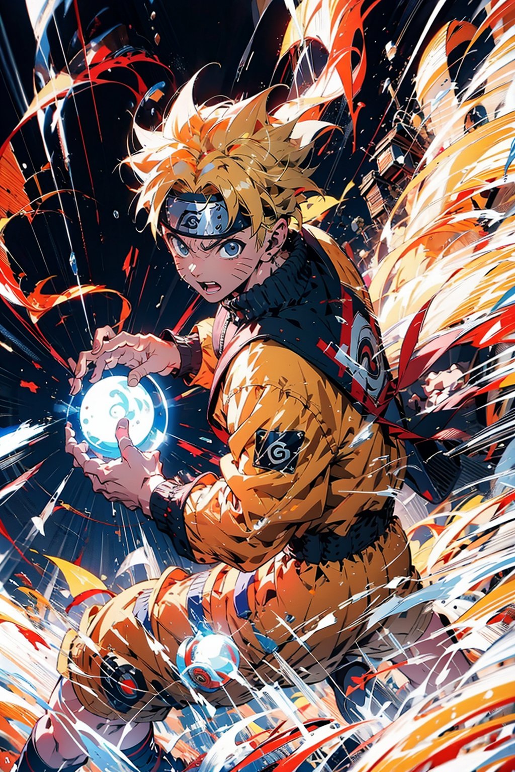 (best quality), (masterpiece),ultra-detailed, 1boy, uzumaki naruto,long sleeve, emphasis lines,motion lines,(swirling:1.2) , kamehameha, charging, energy ball, electricity, aura, look at viewer,casual wear