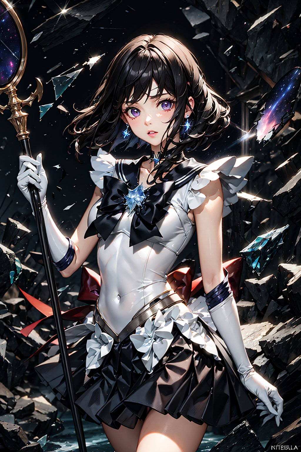 absurdres, (best quality), (masterpiece),(ultra-detailed:1.2),photorealistic,ultra high res, 1girl,polearm,(nebula:1.4),(broken glass :1.5) ,(piece of glass:1.3),prism ,  sailor saturn,tiara, sailor senshi uniform, purple sailor collar, pleated skirt, elbow gloves, jewelry, brooch, choker,red bow, short hair,purple eyes,abstract background, (night:1.2), dark theme,Detail