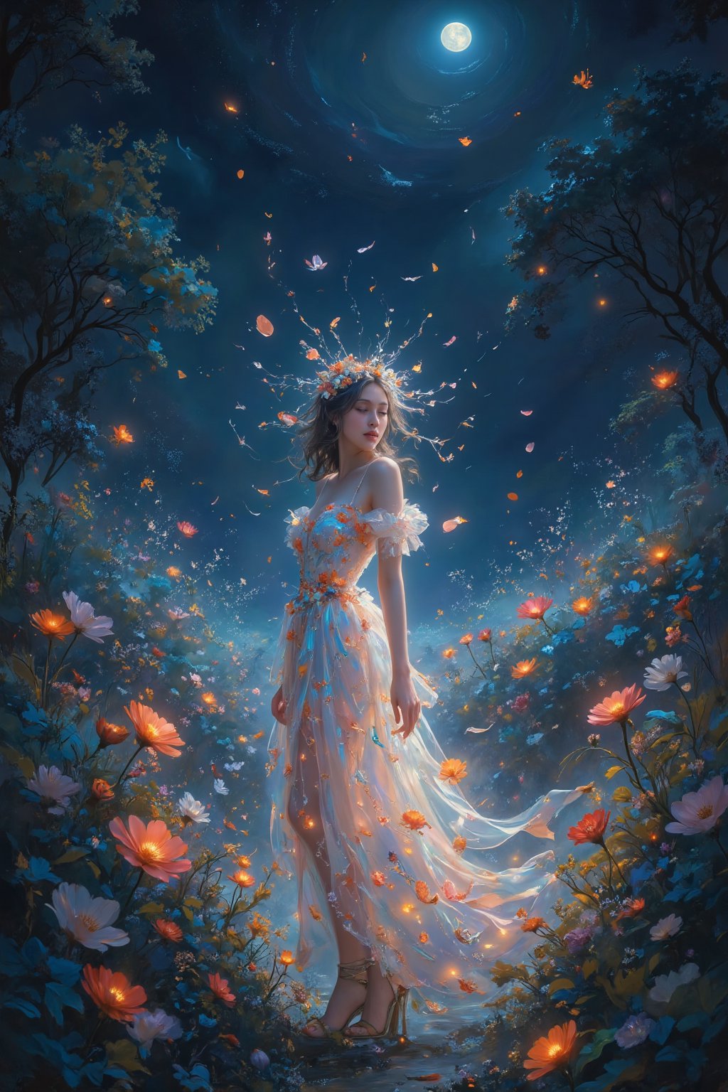 high-quality, masterpiece, A woman in a dress made of petals, standing in a field of flowers that bloom and float into the air around her, the petals gently falling like snowflakes as they glow faintly in the moonlight, Style is Delicate and surreal, Lighting is Soft with glowing floral highlights, Petal textures, floating motion, soft floral glow, ethereal atmosphere, (elaborately detailed attire with extraordinary elements:1.1), (hyperdetailed:1.1), (intricate details:1.0), (Refined details:1.1), (best quality:1.1), (high resolution:1.2),midjourney,bioluminescent dress