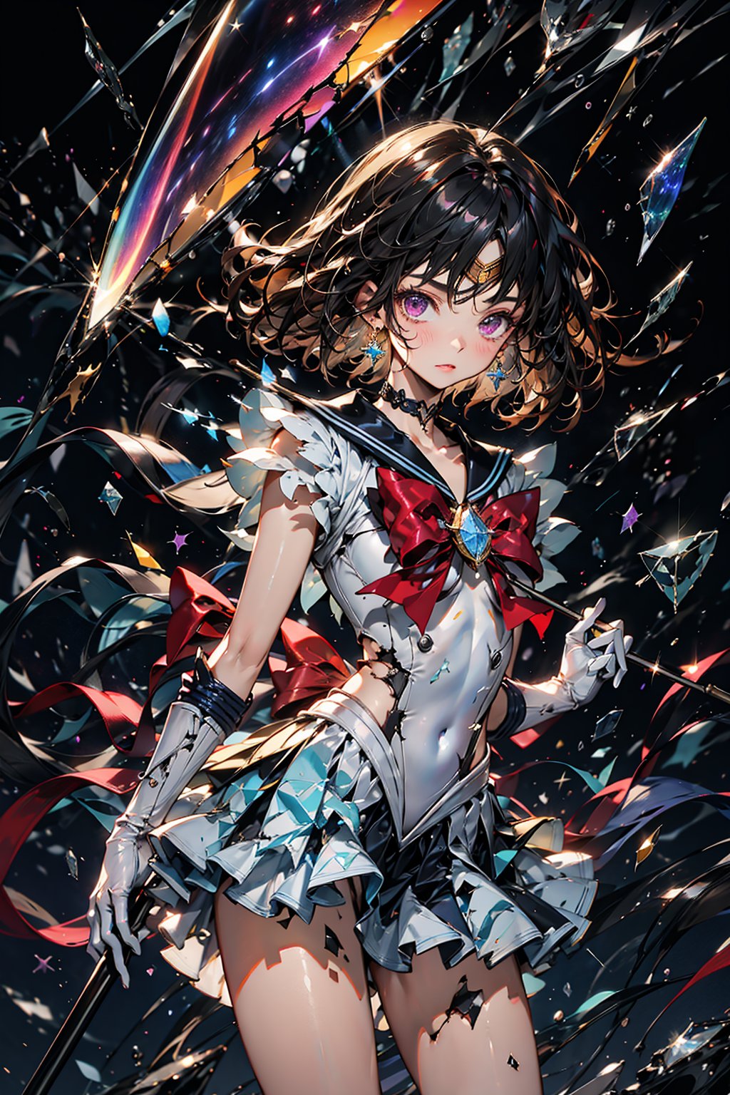 absurdres, (best quality), (masterpiece),(ultra-detailed:1.2),photorealistic,ultra high res, 1girl,polearm,(nebula:1.4),(broken glass :1.5) ,(piece of glass:1.3),prism ,  sailor saturn,tiara, sailor senshi uniform, purple sailor collar, pleated skirt, elbow gloves, jewelry, brooch, choker,red bow, short hair,purple eyes,abstract background, (night:1.2), dark theme,Detail