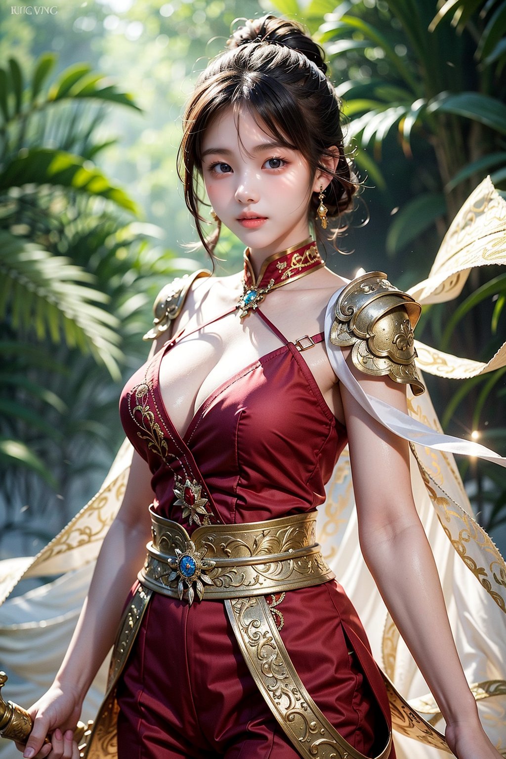 In a tranquil, mist-filled valley, a young Chinese girl stands at the center of a striking scene, clad in traditional battle armor that glistens with a blend of gold and deep red hues. The armor, ornate with intricate dragon motifs, reflects soft, diffuse light that highlights its metallic texture and rich color palette. In her hand, she wields a sword of exceptional sharpness, its mirror-like blade capturing and reflecting sunlight with a dazzling brilliance. Her dark hair, styled into a sleek bun and adorned with an elaborate hairpin, frames her determined face, which is illuminated by gentle highlights that emphasize her resolute expression. The soft, ethereal mist in the background adds a layer of mystery and depth, blending seamlessly with the serene landscape of ancient mountains and flowing rivers. The sunlight filters through the mist, creating sparkling reflections on her armor and sword, adding dynamic brightness to the scene. Flowing silk sashes drape elegantly from her armor, their deep red fabric contrasting with the rigid structure of the armor and enhancing the sense of graceful movement. The foreground is subtly detailed, providing context and depth to the composition, while maintaining a harmonious balance with the central figure. This image merges the intricate beauty of traditional Chinese art with a touch of fantasy, echoing the stylistic elements of Wang Ximeng's landscape art, Studio Ghibli’s enchanting worlds, and the delicate fluidity of Chinese watercolor painting. ((Cowboy Shot: 1.5)), 1girl, most beautiful korean girl, Korean beauty model, idol face, stunningly beautiful girl, gorgeous girl, an extremely cute and beautiful girl, highly detailed beautiful face and eyes, over sized eyes, big eyes, smiling, 18 year old gravure model, perfect body, looking at viewer 