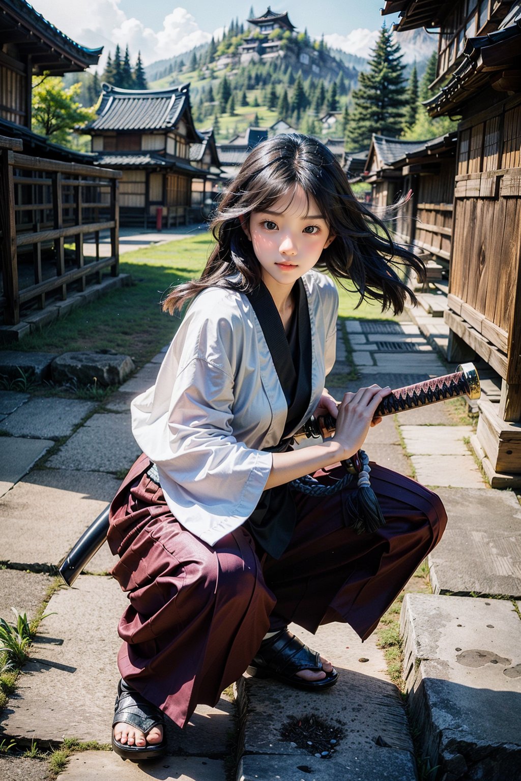 masterpiece, best quality, ultra realistic illustration, 16K, (HDR), high resolution, female_solo, slender hot body proportion, looking at viewer, big eyes, beautiful korean girl, 1 female samurai , holding sword katana+battoujutsu, (wearing highly detailed red haori+hakama skirt), full-body shot, (white long hair:1.0), (green eyes:1.0), highly detailed background of ancient Japan architecture, add More Detail,Enhance,chinatsumura,wgz_style