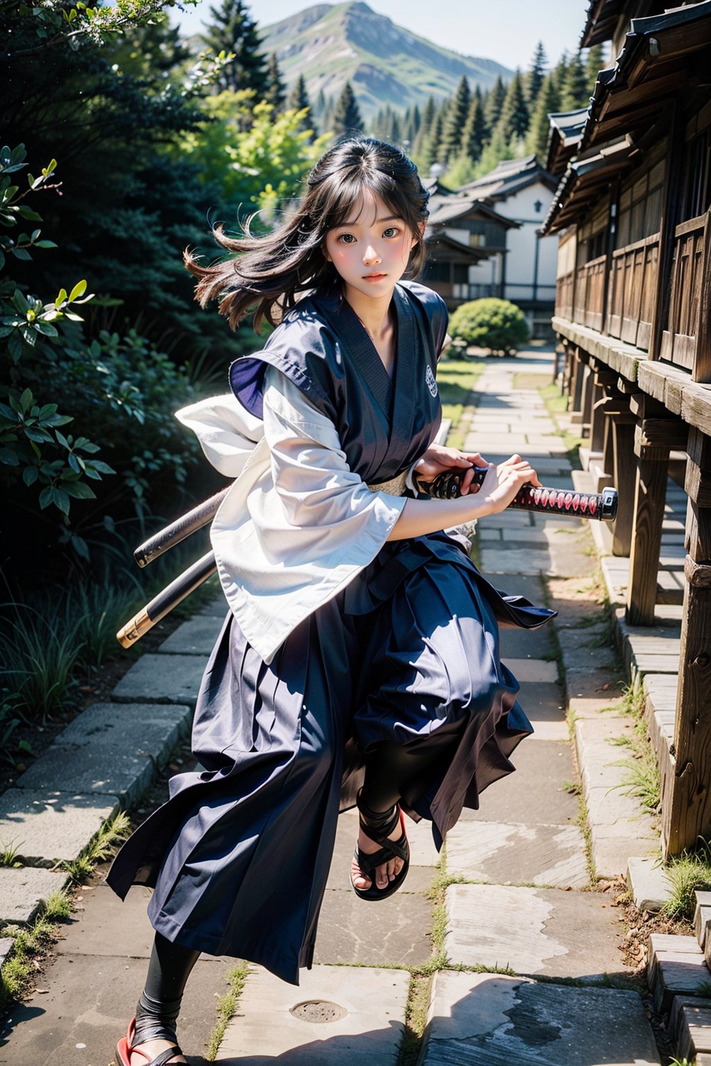 masterpiece, best quality, ultra realistic illustration, 16K, (HDR), high resolution, female_solo, slender hot body proportion, looking at viewer, over sized eyes, big eyes, beautiful korean girl, stunningly beautiful girl, gorgeous girl, an extremely cute and beautiful girl, highly detailed beautiful face and eyes, 1 female samurai , full body, holding sword katana+battoujutsu, (wearing highly detailed red haori+hakama skirt), full-body shot, (white long hair:1.0), (green eyes:1.0), highly detailed background of ancient Japan architecture, add More Detail,Enhance,chinatsumura,chinkstyle,wgz_style