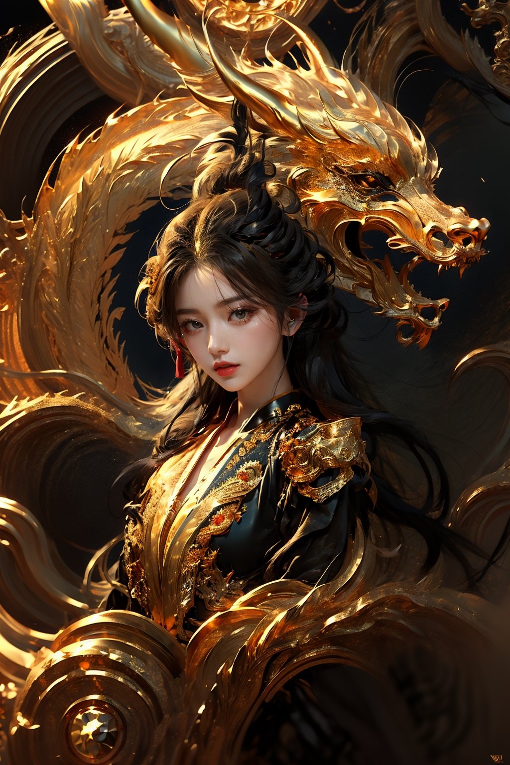 masterpiece, top quality, best quality, official art, beautiful and aesthetic:1.2), (1girl:1.3), chinese dragon, eastern dragon, golden line, (black theme:1.6), volumetric lighting, ultra-high quality, photorealistic, sky background,3va,Circle,Realism