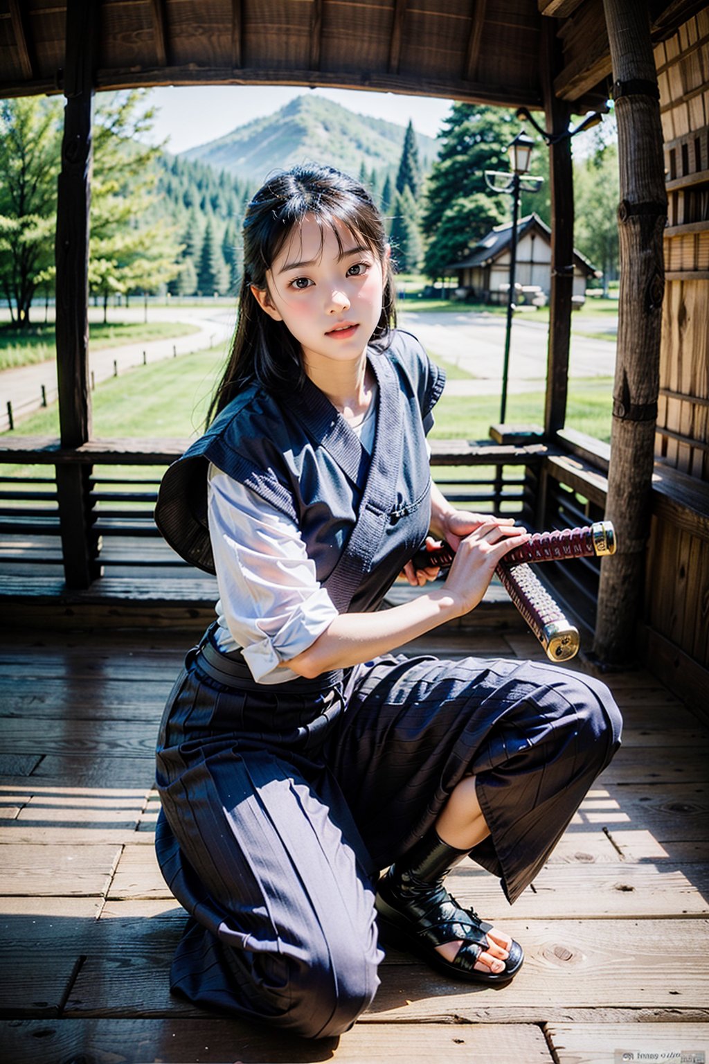 masterpiece, best quality, ultra realistic illustration, 16K, (HDR), high resolution, female_solo, slender hot body proportion, looking at viewer, big eyes, beautiful korean girl, 1 female samurai , holding sword katana+battoujutsu, (wearing highly detailed red haori+hakama skirt), full-body shot, (white long hair:1.0), (green eyes:1.0), highly detailed background of ancient Japan architecture, add More Detail,Enhance,chinatsumura,wgz_style