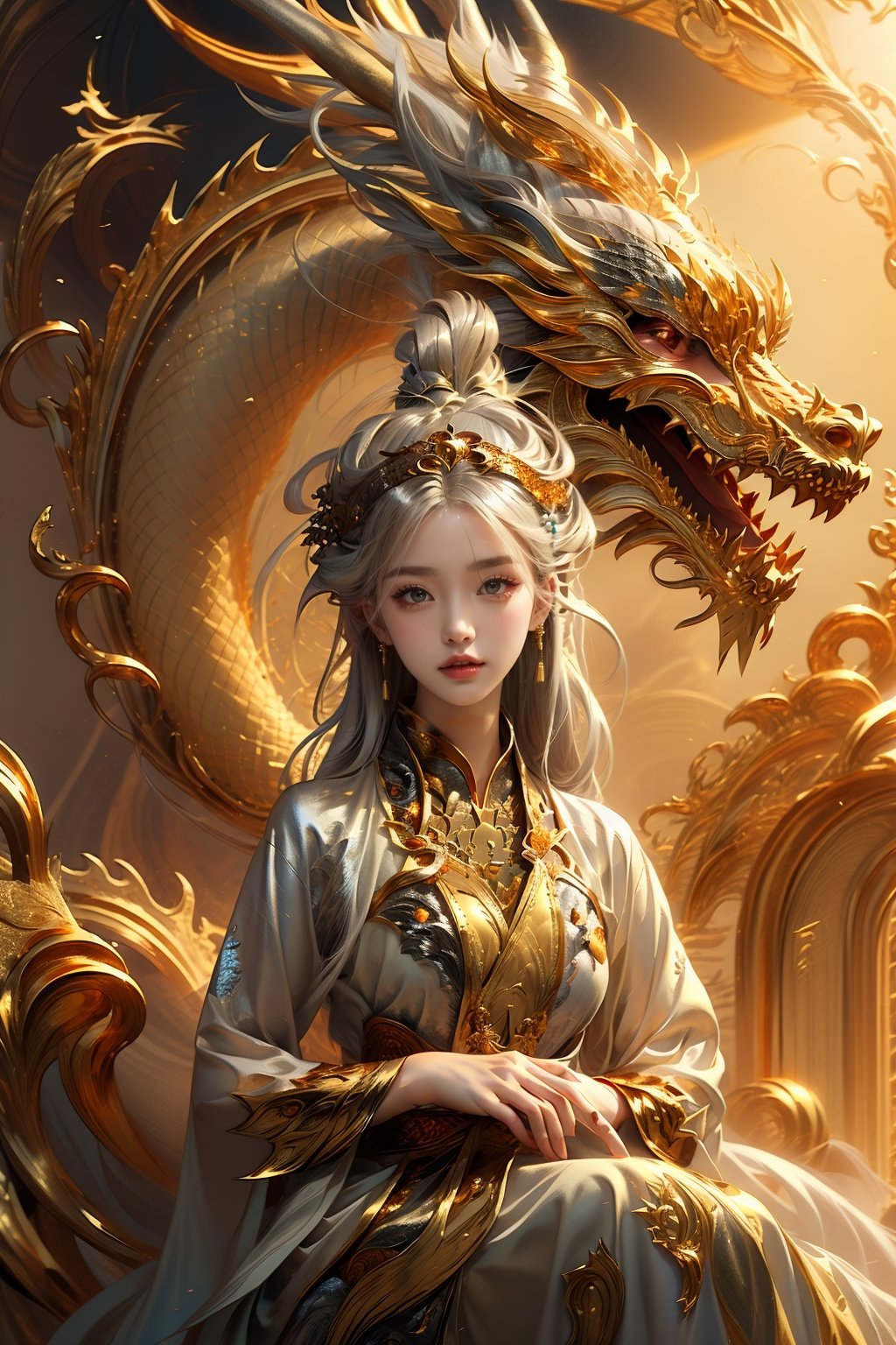 masterpiece, top quality, best quality, official art, beautiful and aesthetic:1.2), (1girl:1.3), chinese dragon, eastern dragon, golden line, (silver theme:1.6), volumetric lighting, ultra-high quality, photorealistic, sky background,3va,Circle,Realism