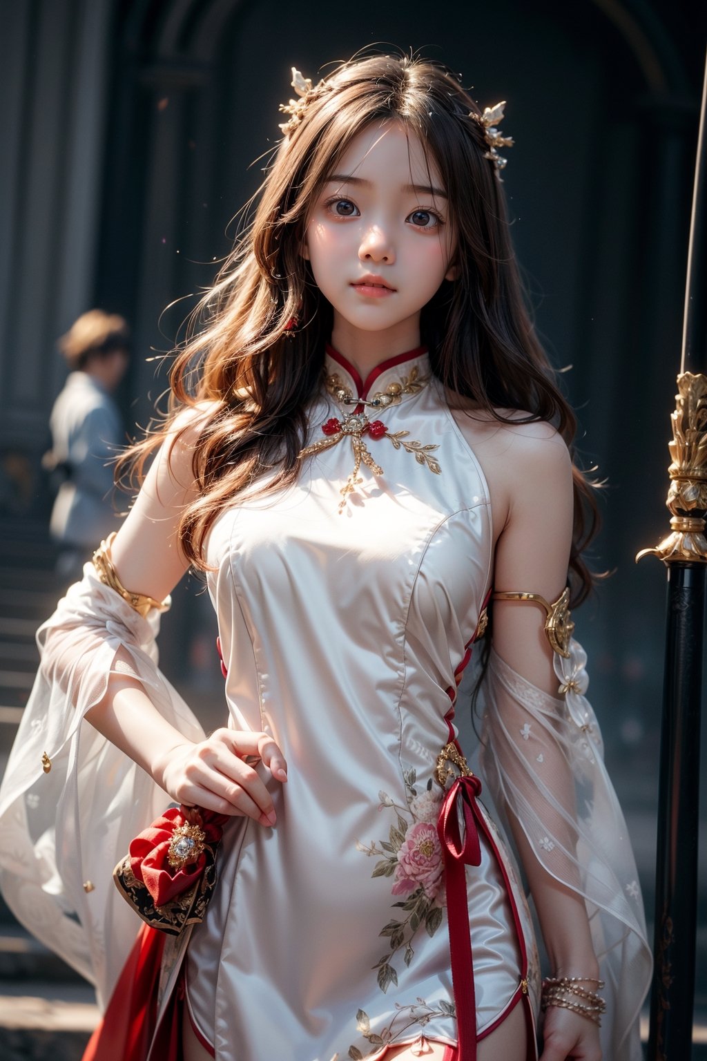 The background is ancient chinese palace, 16 yo, 1 girl, beautiful girl, big eyes, over sized eyes, holding a spear(pike, weapon), shining bracelet, beautiful cloth, solo, {beautiful and detailed eyes}, calm expression, natural and soft light, delicate facial features, ((model pose)), Glamor body type, (dark hair:1.2), very_long_hair, hair past hip, curly hair,tie hair with an white string, flim grain, realhands, masterpiece, Best Quality, photorealistic, ultra-detailed, finely detailed, high resolution, perfect dynamic composition, beautiful detailed eyes, eye smile, ((nervous and embarrassed)), sharp-focus, full_body, sexy pose,cowboy_shot,Samurai girl,Fashion cheongsam,Daughter of Dragon God,floral_see_through_dress,masterpiece,best quality