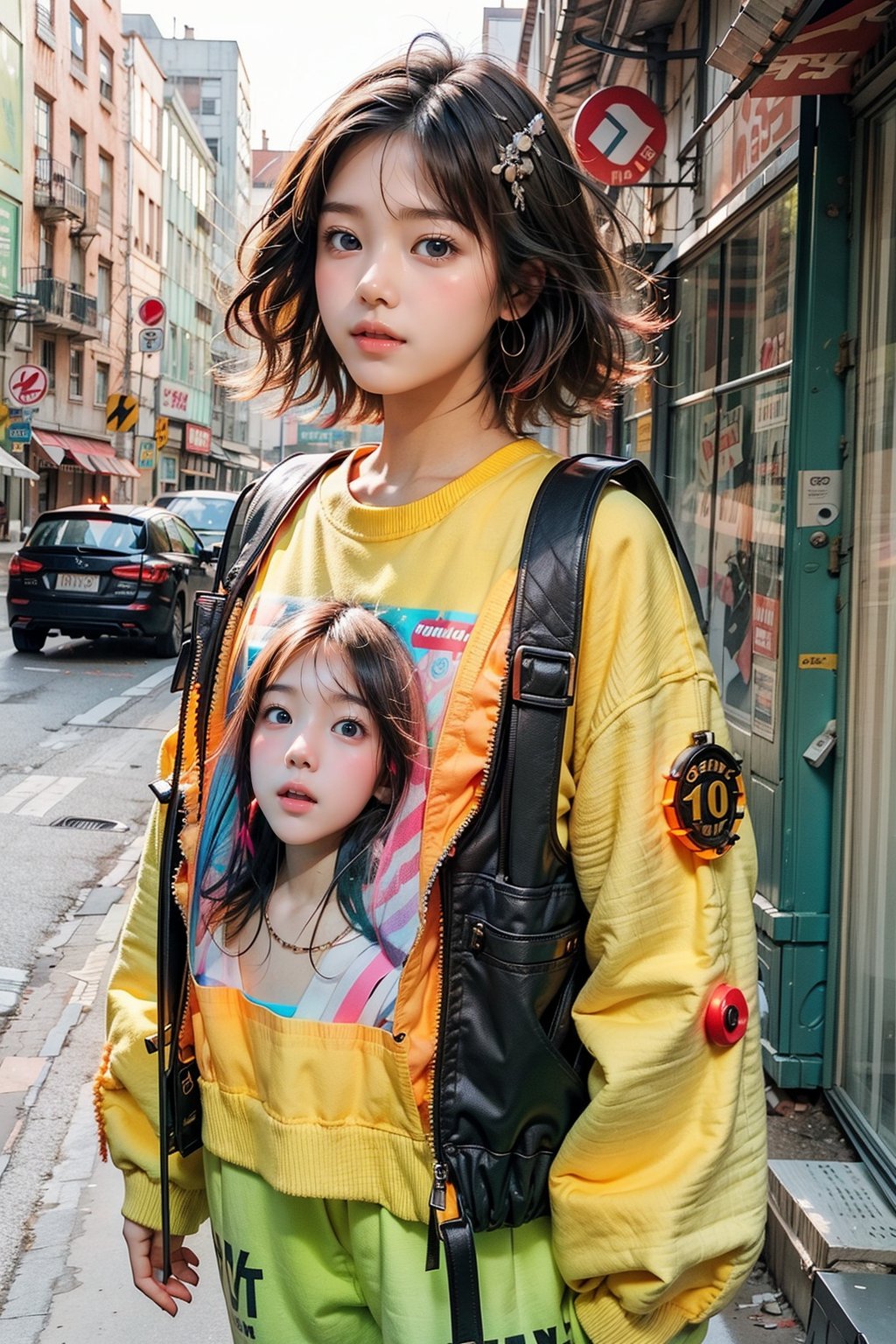 1girl, most beautiful korean girl, Korean beauty model, stunningly beautiful girl, gorgeous girl, 20yo, over sized eyes, big eyes, smiling, looking at viewer, dark gothic cyberpunk woman, defiant face, pastel colors, in clothes, colorful hair, light yellow sweatshirt, pants, black, with pink, guns hd, high detail, huoshen, TheLastOfUs, mgln