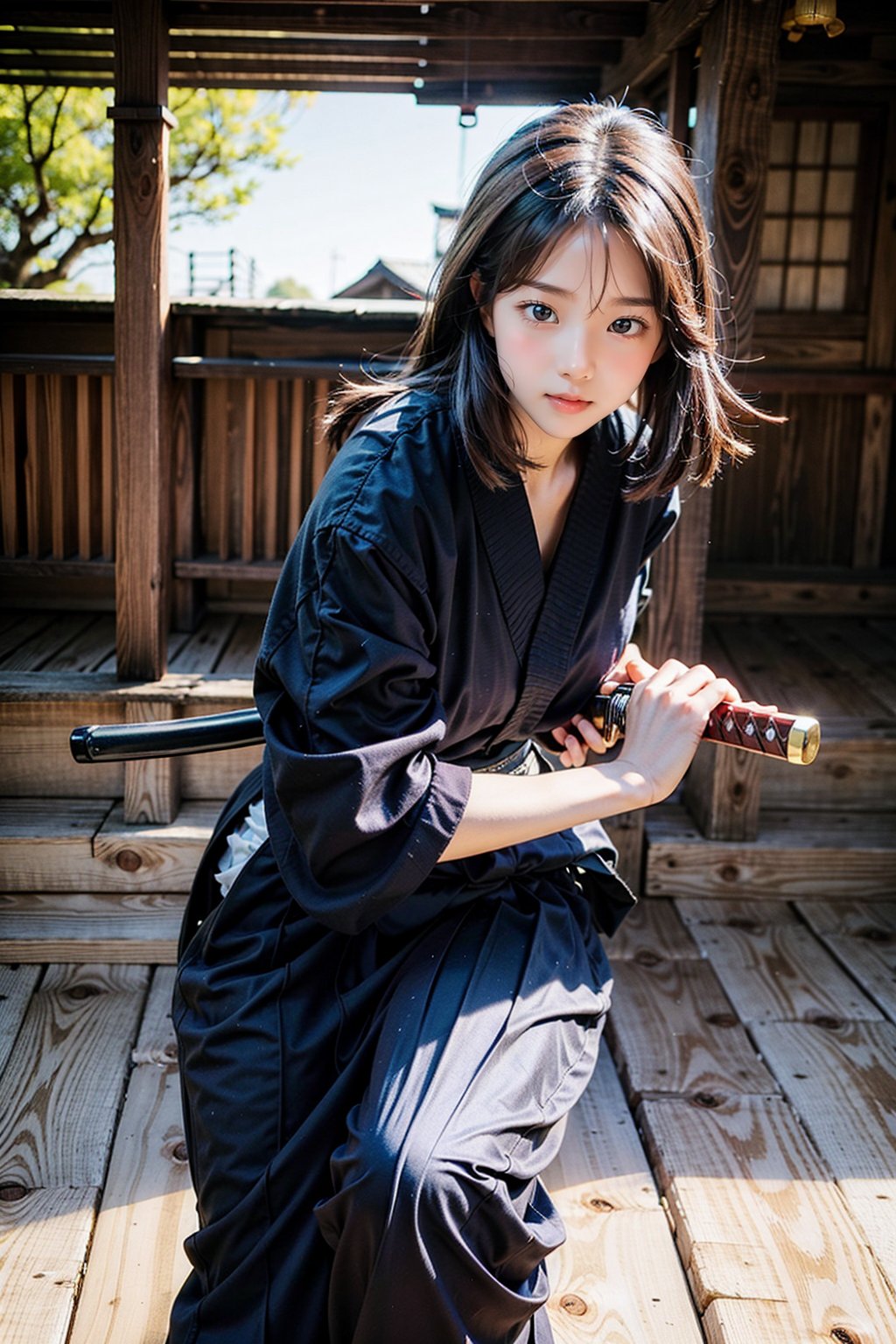 masterpiece, best quality, ultra realistic illustration, 16K, (HDR), high resolution, female_solo, slender hot body proportion, looking at viewer, over sized eyes, big eyes, beautiful korean girl, stunningly beautiful girl, gorgeous girl, an extremely cute and beautiful girl, highly detailed beautiful face and eyes, 1 female samurai , holding sword katana+battoujutsu, (wearing highly detailed red haori+hakama skirt), full-body shot, (white long hair:1.0), (green eyes:1.0), highly detailed background of ancient Japan architecture, add More Detail,Enhance,chinatsumura,chinkstyle,wgz_style