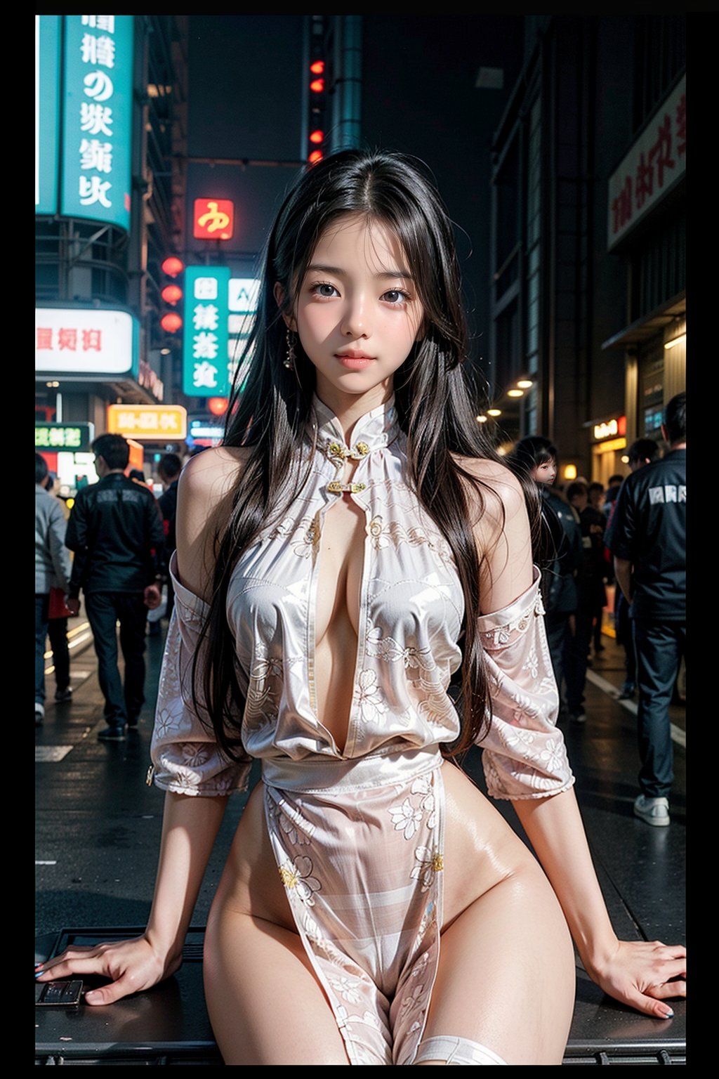 Sexy Pose , (masterpiece), (solo), 1girl, most beautiful korean girl, Korean beauty model, stunningly beautiful girl, gorgeous girl, 18yo, over sized eyes, big eyes, smiling, looking at viewer, white hair, (high sexual attraction,long hair), in the dark night, (sexy Chinese Hanfu+body implants) ,(highly detailed background of ancient Indian achitechture with neon lights) ,Cyberpunk,Enhance, Traditional Chinese Sexy Outfits