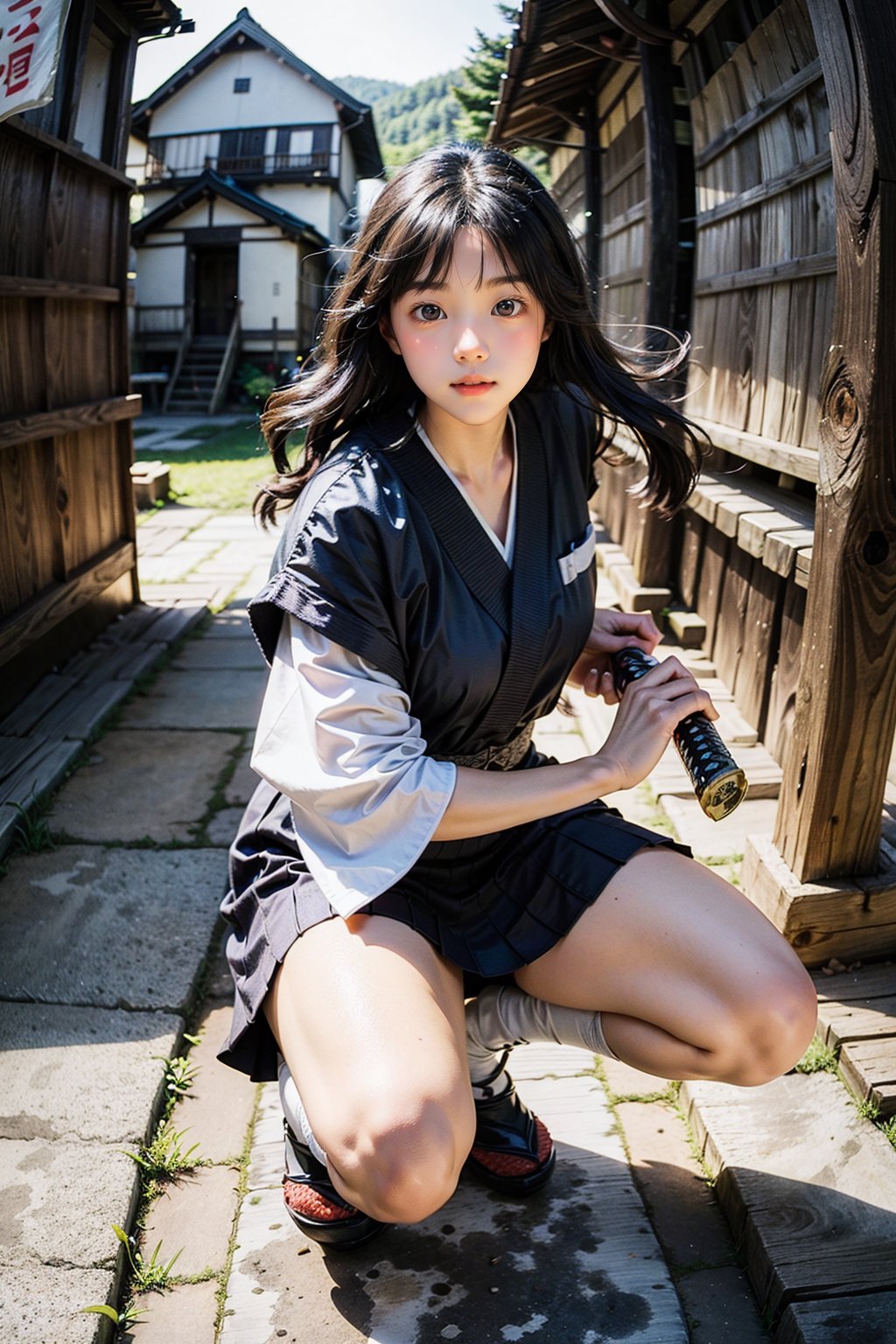 masterpiece, best quality, ultra realistic illustration, 16K, (HDR), high resolution, female_solo, slender hot body proportion, looking at viewer, big eyes, beautiful korean girl, 1 female samurai , holding sword katana+battoujutsu, (wearing highly detailed red haori+hakama skirt), full-body shot, (white long hair:1.0), (green eyes:1.0), highly detailed background of ancient Japan architecture, add More Detail,Enhance,chinatsumura,wgz_style