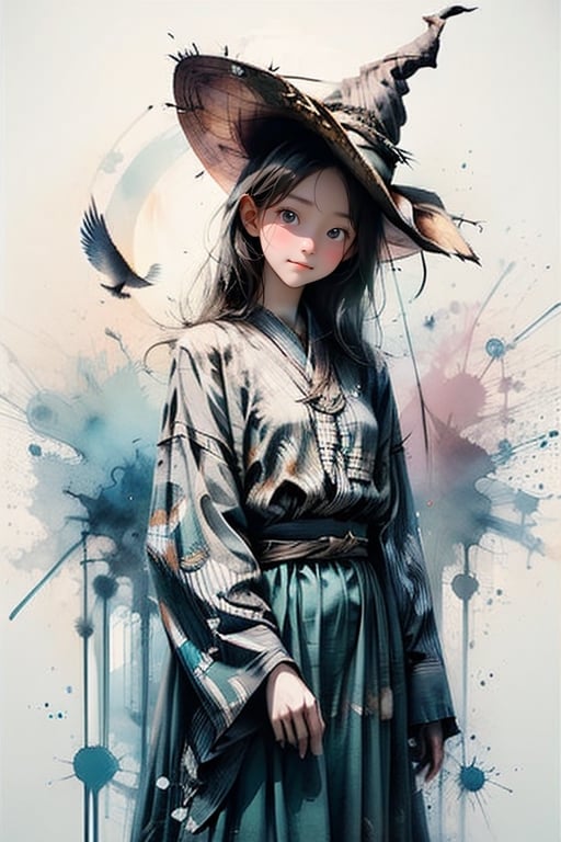 solo, ((Cowboy Shot: 1.5)), 1 girl, beautiful korean girl, looking at viewer, 18 yo, over sized eyes, big eyes, smiling, girl caressing a rabbit, dressed as a witch near a river, crouching caressing the rabbit, pastel colors, purple colors, blue colors, green colors, shading, gray scale, hand drawn,Chromaspots,ink splash