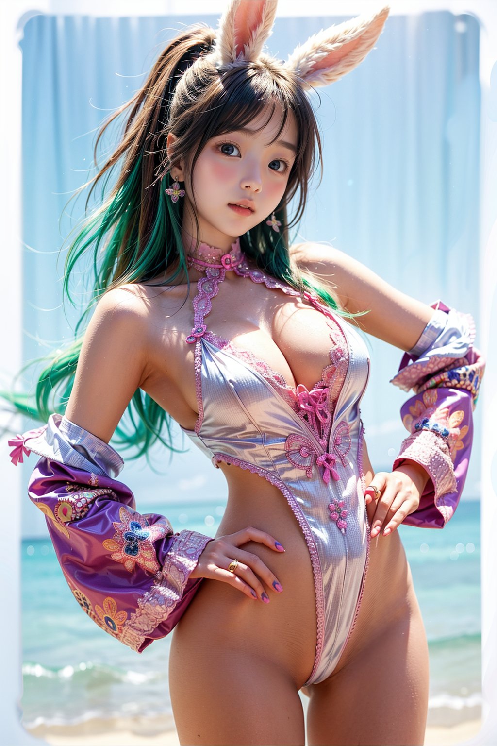 high quality, cute stickers, style cartoon, white border, cute Super Deformed Character, colorful, Detailed illustration of a woman with her hands in her pockets in a bohemian style outfit, by yukisakura, awesome full color, Realism, 1girl, most beautiful korean girl, Korean beauty model, idol face, gorgeous girl, an extremely cute and beautiful girl, highly detailed beautiful face and eyes, over sized eyes, big eyes, smiling, 18 year old gravure model, perfect body, looking at viewer, more detail,nail polish,bodypaint,b0dyx,hoodedbunny,th1nbodysu1t